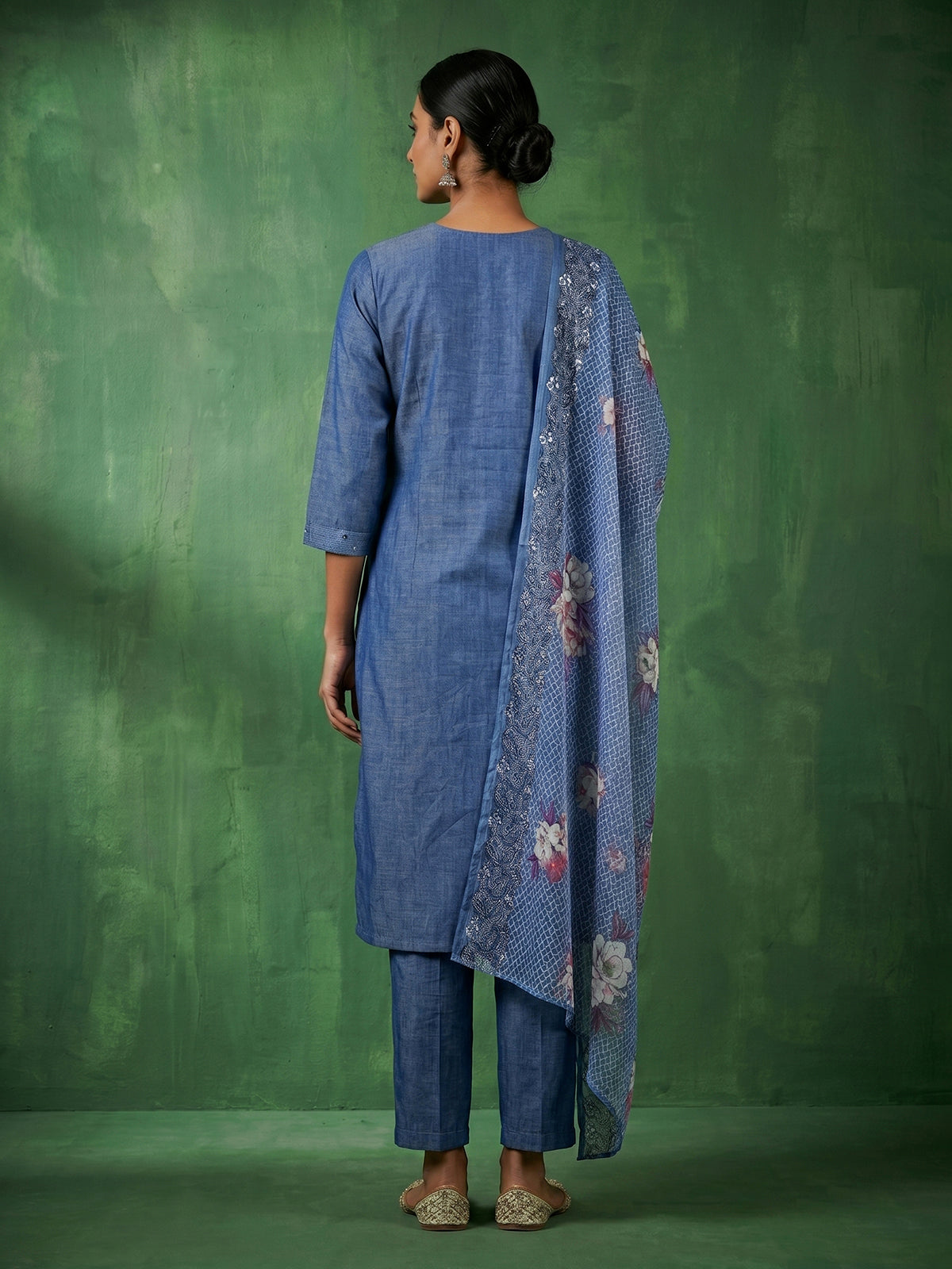 Indigo blue cotton kurti set with sequins detailed placket