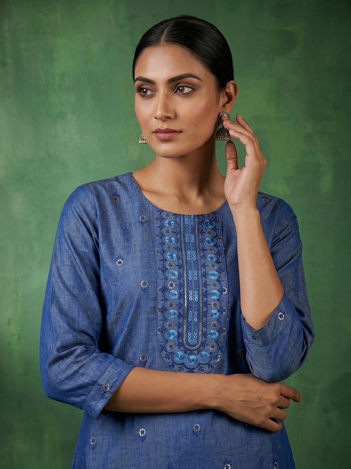 Indigo blue cotton kurti set with sequins detailed placket