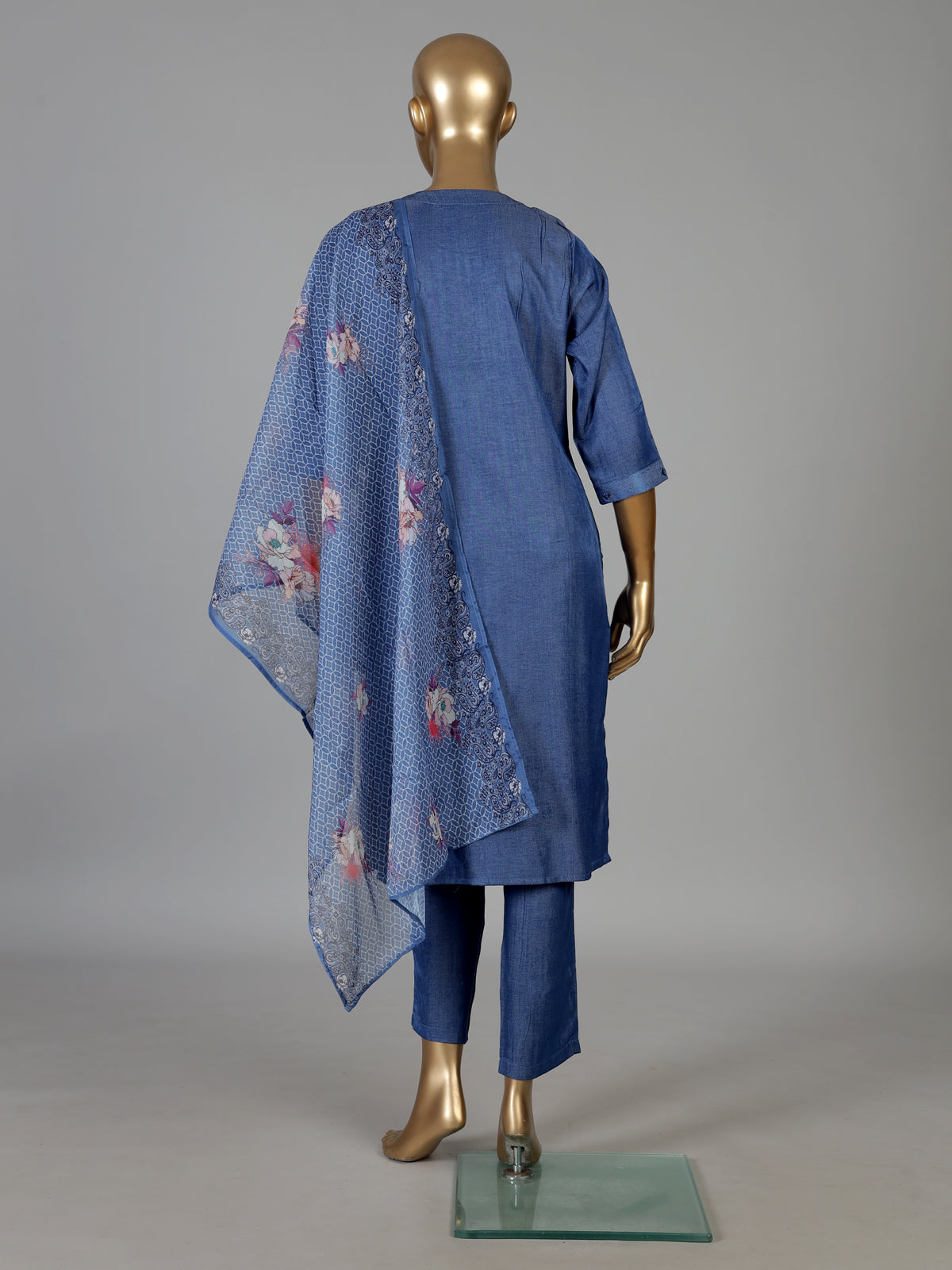 Indigo blue cotton kurti set with sequins detailed placket