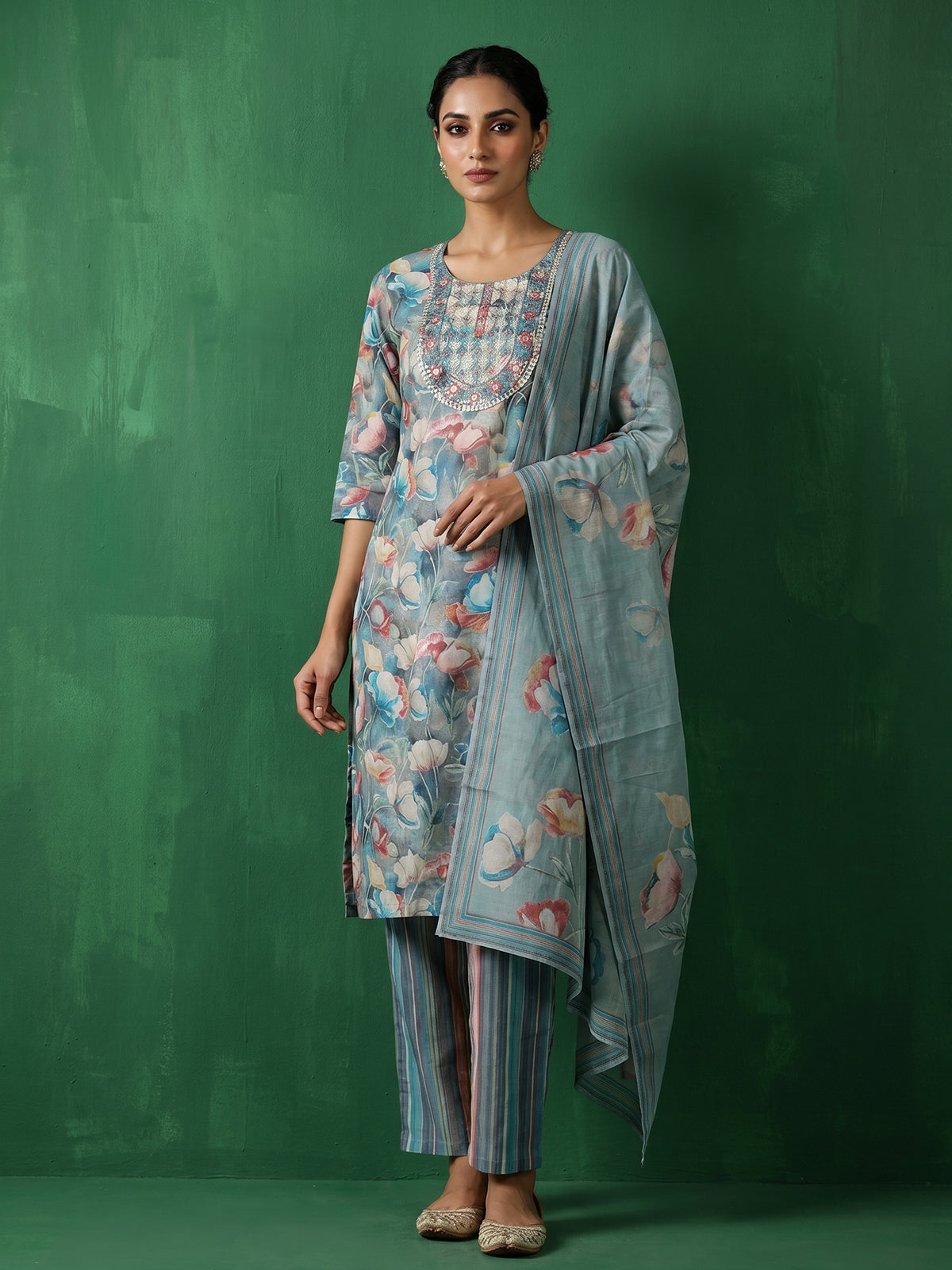 Teal blue floral printed cotton kurti set