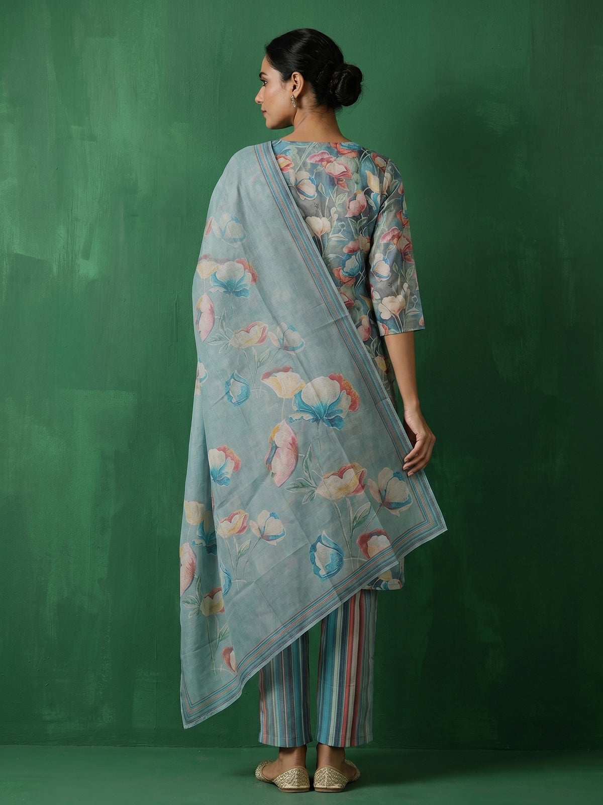 Teal blue floral printed cotton kurti set