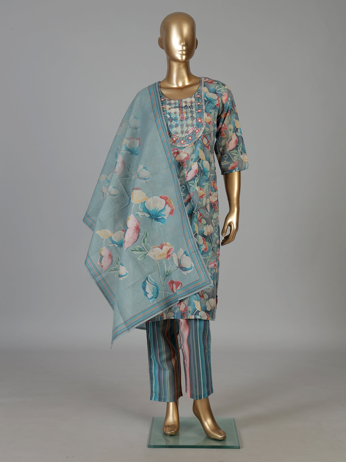 Teal blue floral printed cotton kurti set
