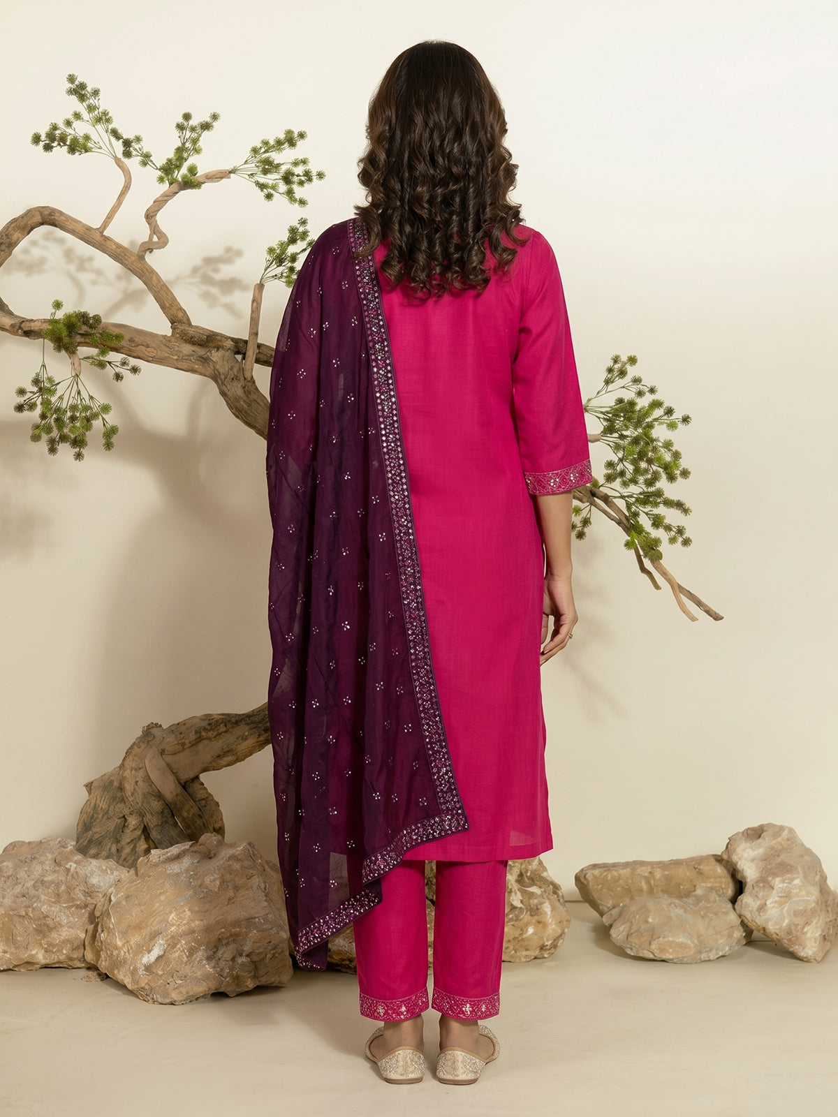 Rani pink silk festive kurti set with embroidered placket