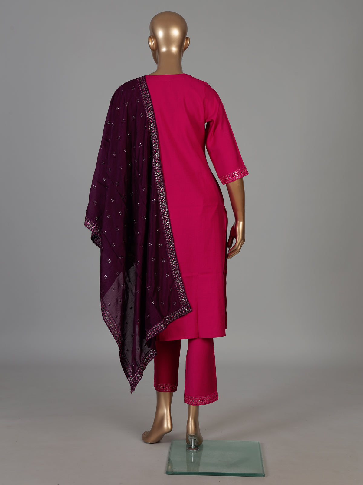 Rani pink silk festive kurti set with embroidered placket