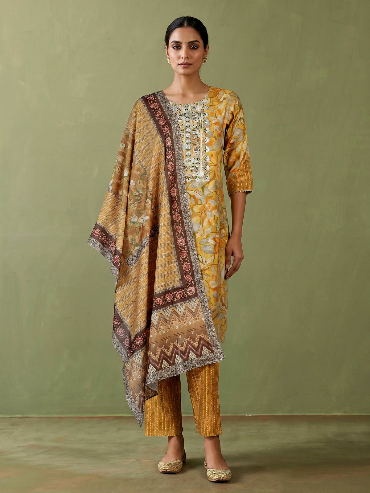 Mustard yellow floral printed cotton blend kurti set