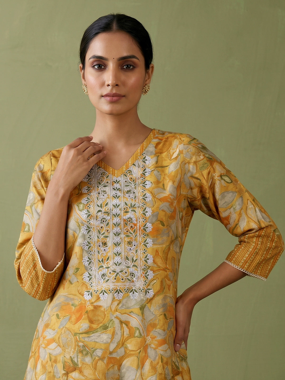 Mustard yellow floral printed cotton blend kurti set
