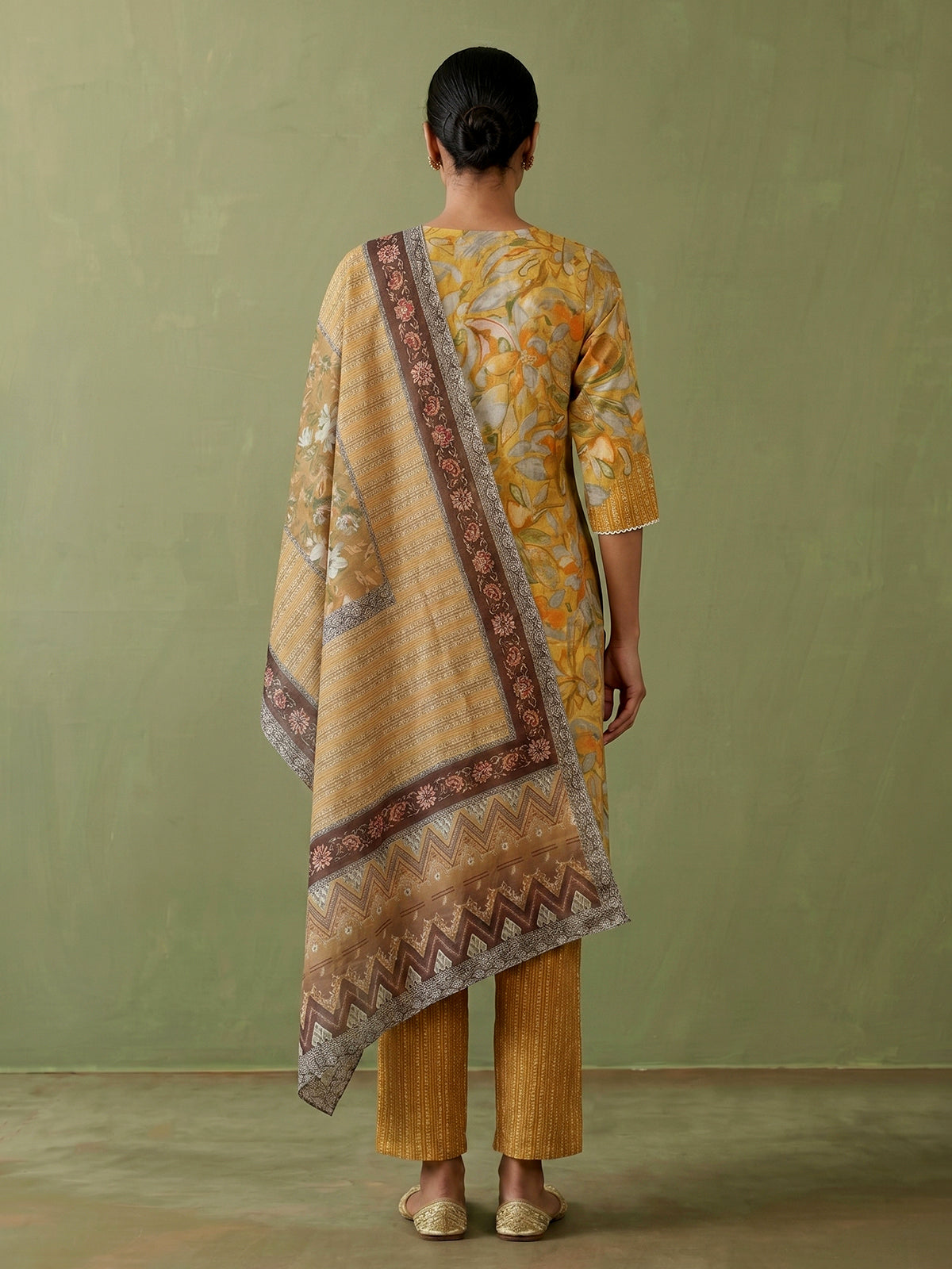 Mustard yellow floral printed cotton blend kurti set