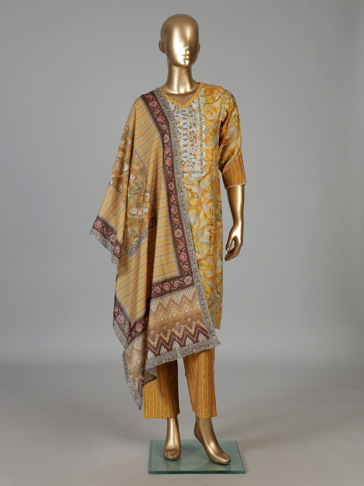 Mustard yellow floral printed cotton blend kurti set