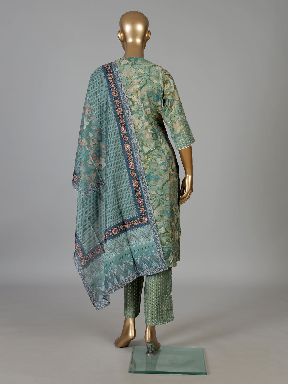 Sage green printed cotton kurti set with embroidered V neck
