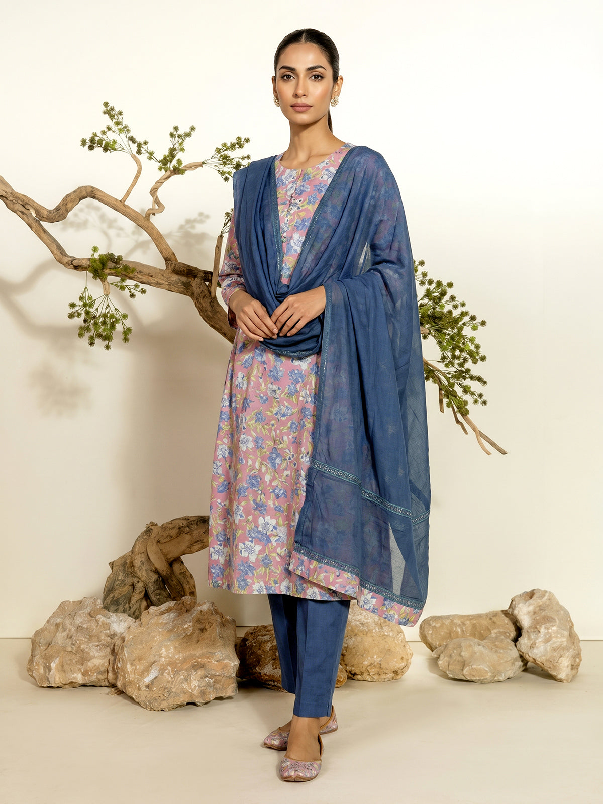 Pink floral printed A line cotton kurti set