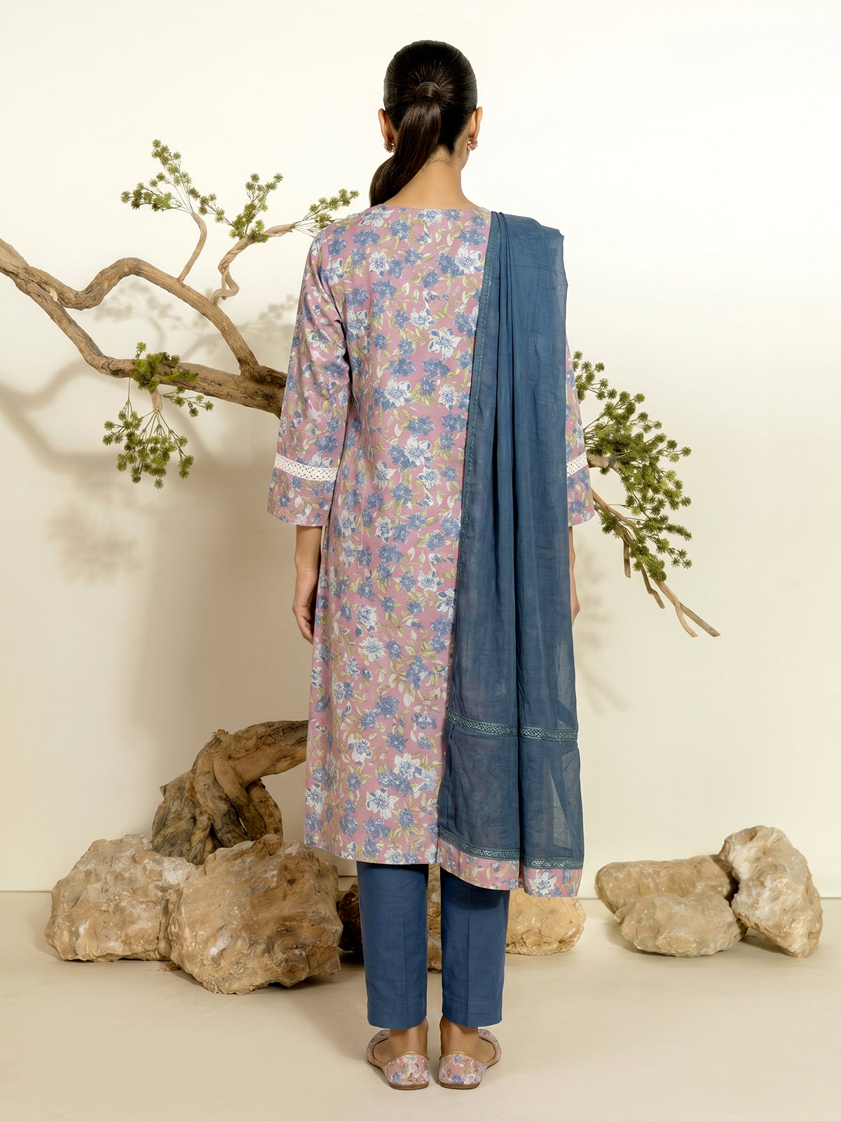 Pink floral printed A line cotton kurti set