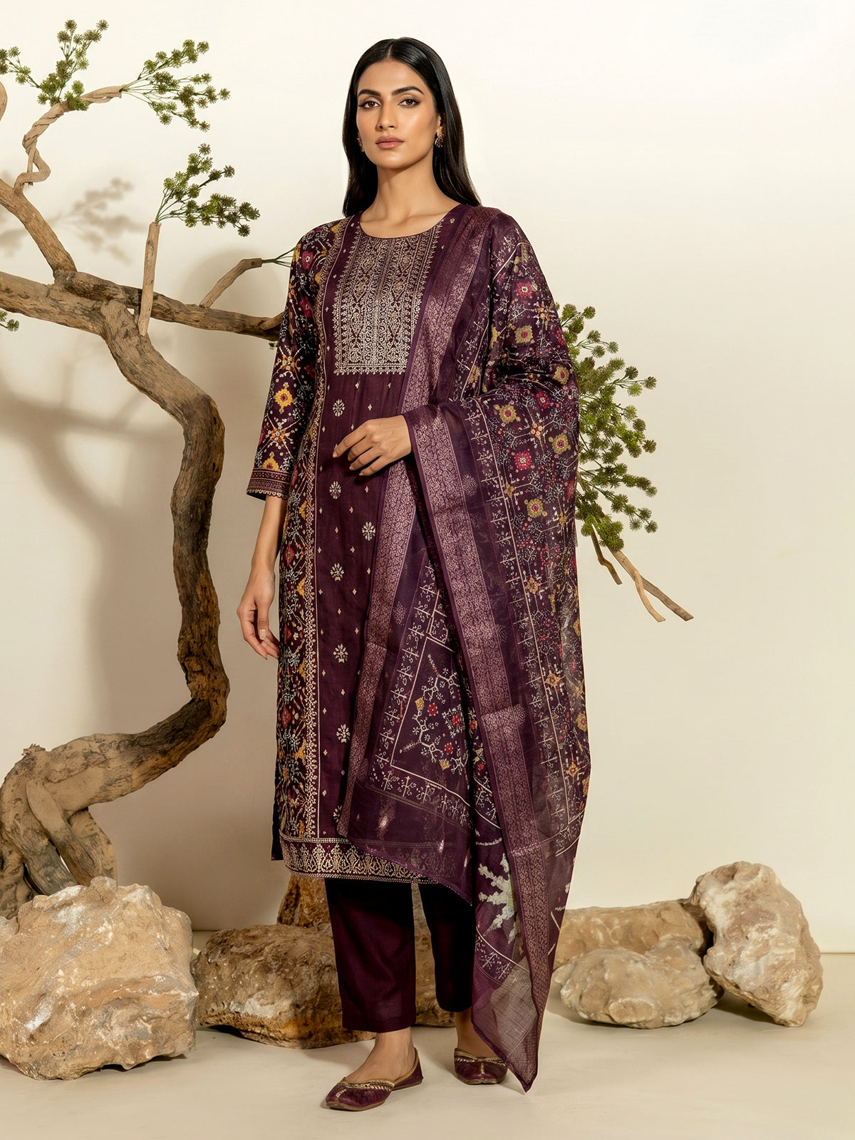 Wine silk patola print festive kurti set