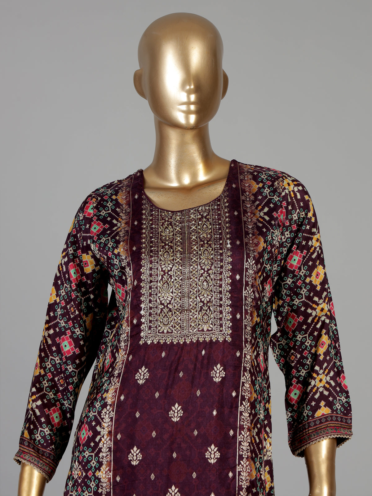 Wine silk patola print festive kurti set