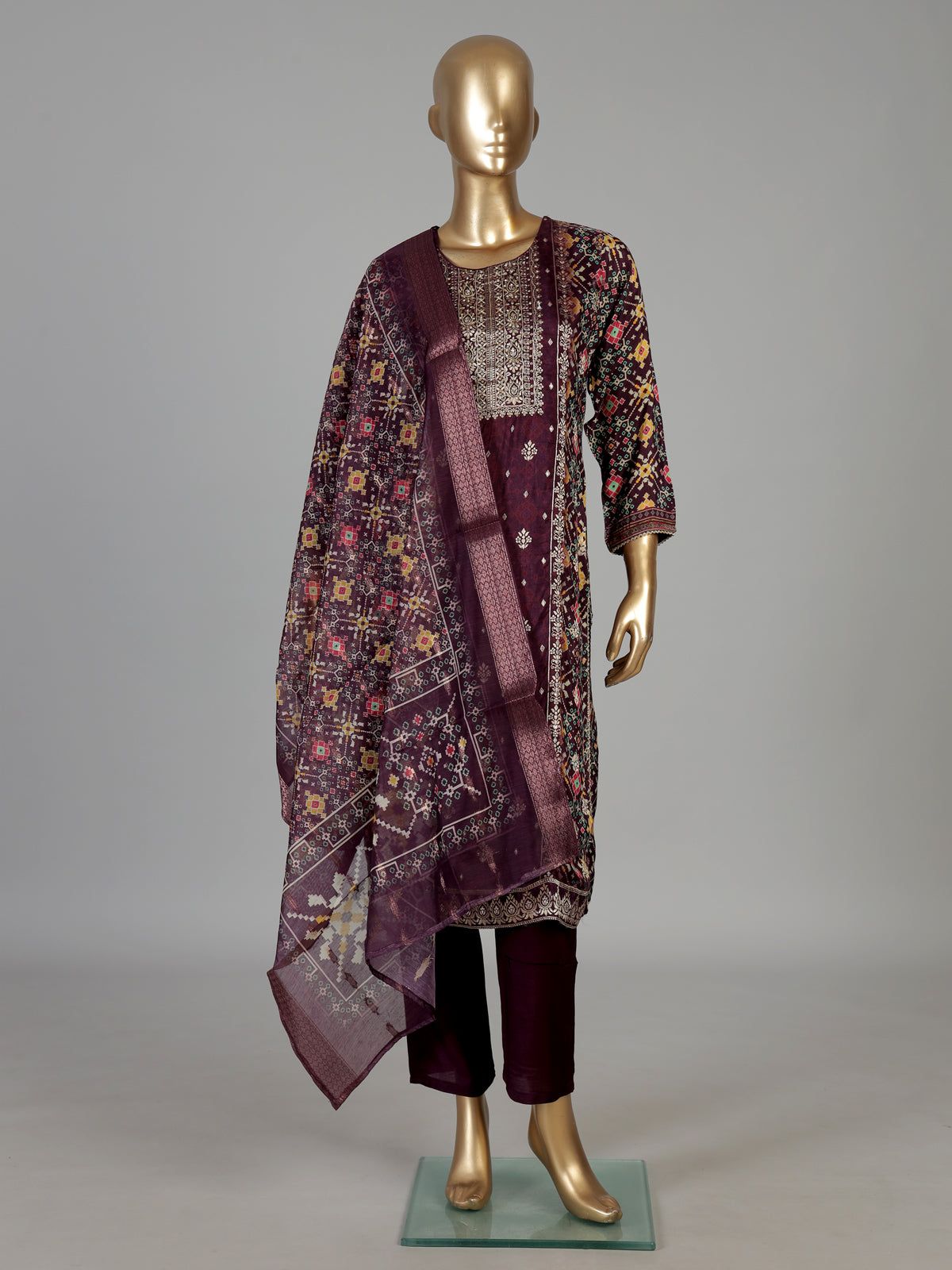 Wine silk patola print festive kurti set