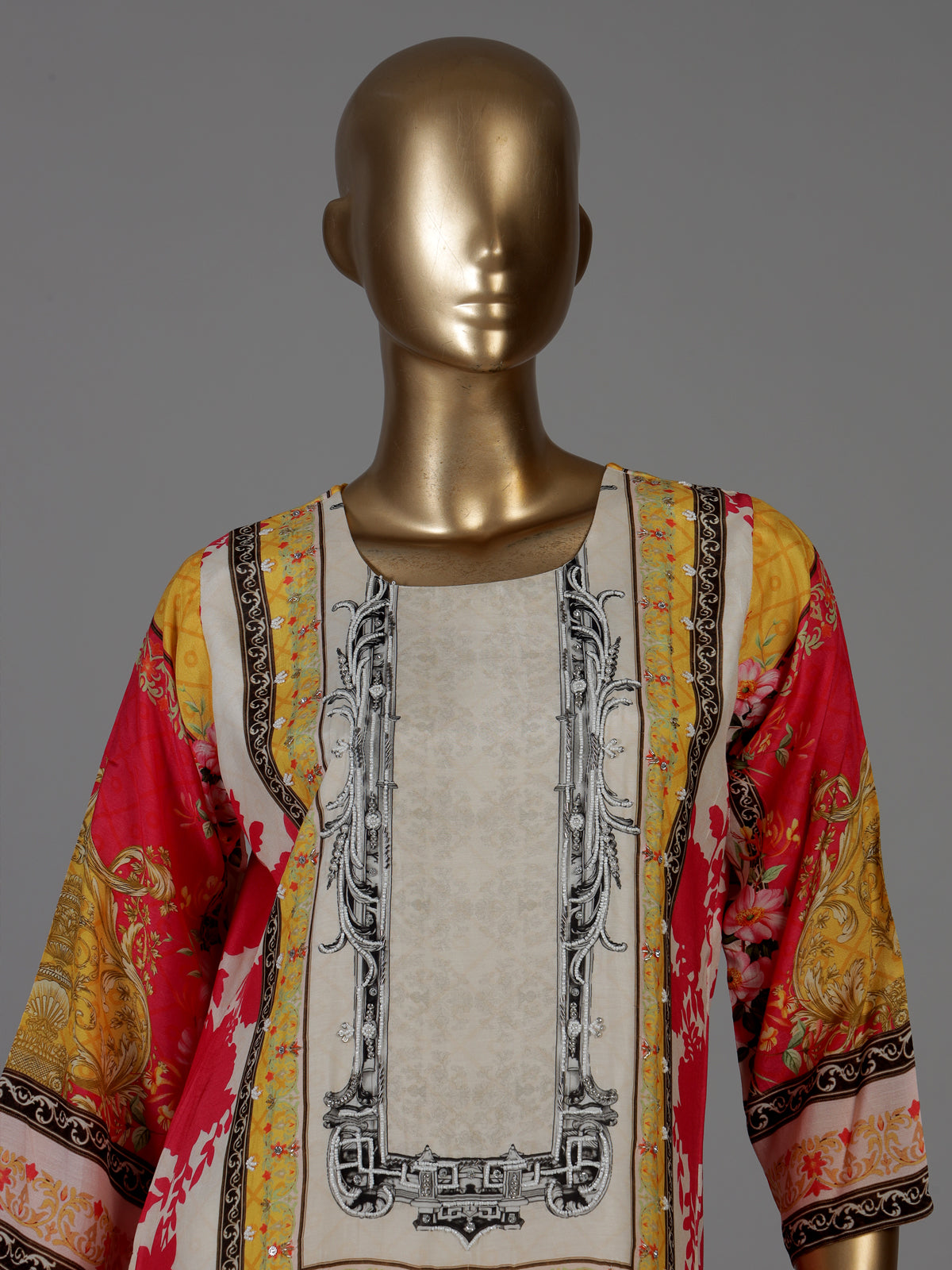 Cream cotton silk digital print kurti set with embellished neckline