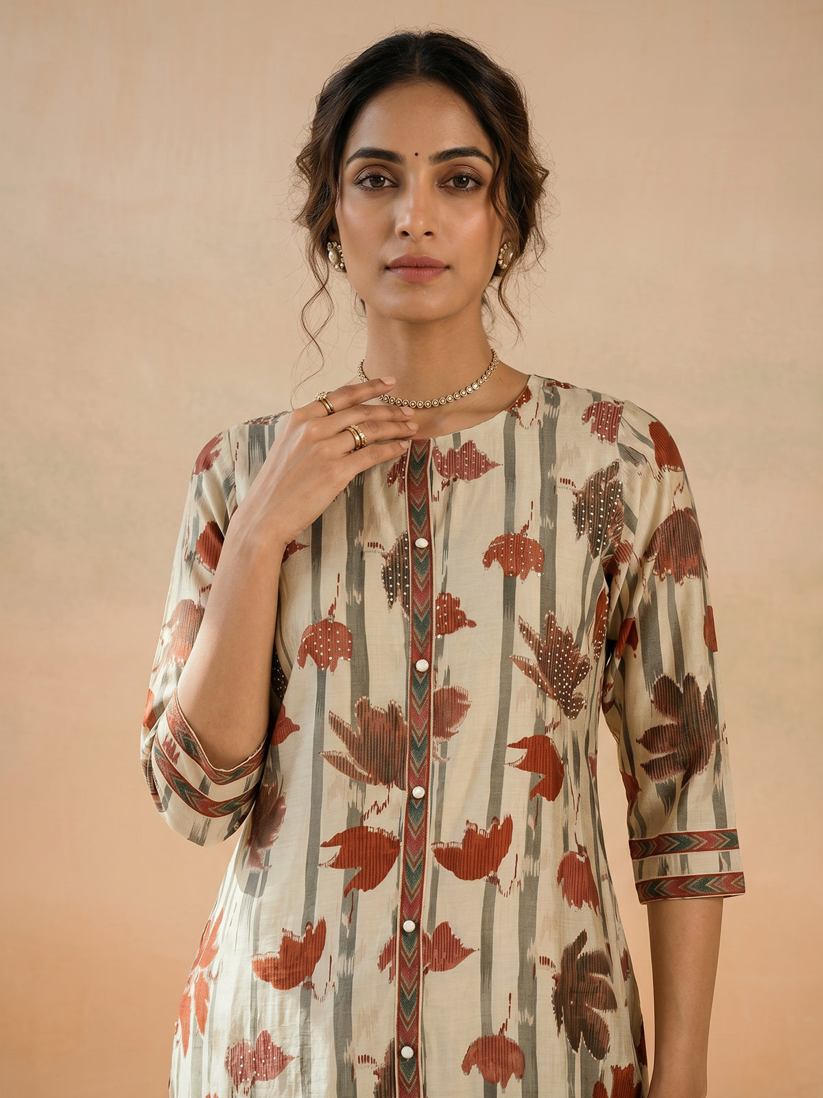 Beige cotton silk printed festive kurti set with ombre dupatta