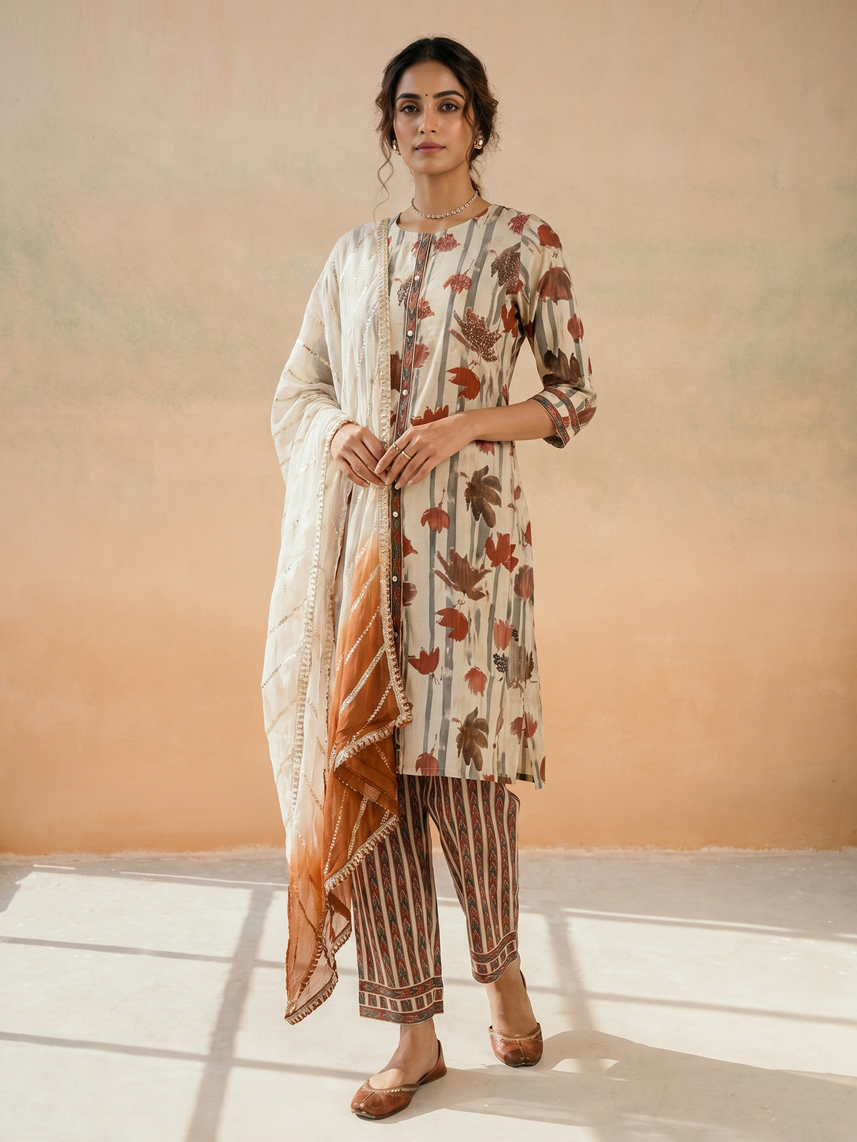 Beige cotton silk printed festive kurti set with ombre dupatta