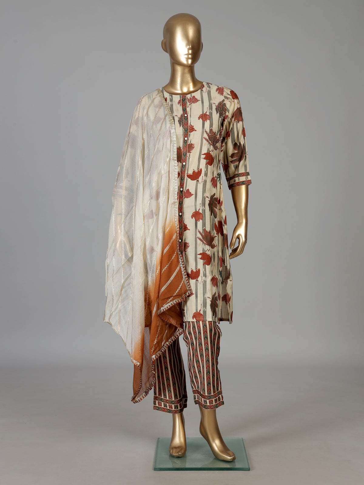 Beige cotton silk printed festive kurti set with ombre dupatta