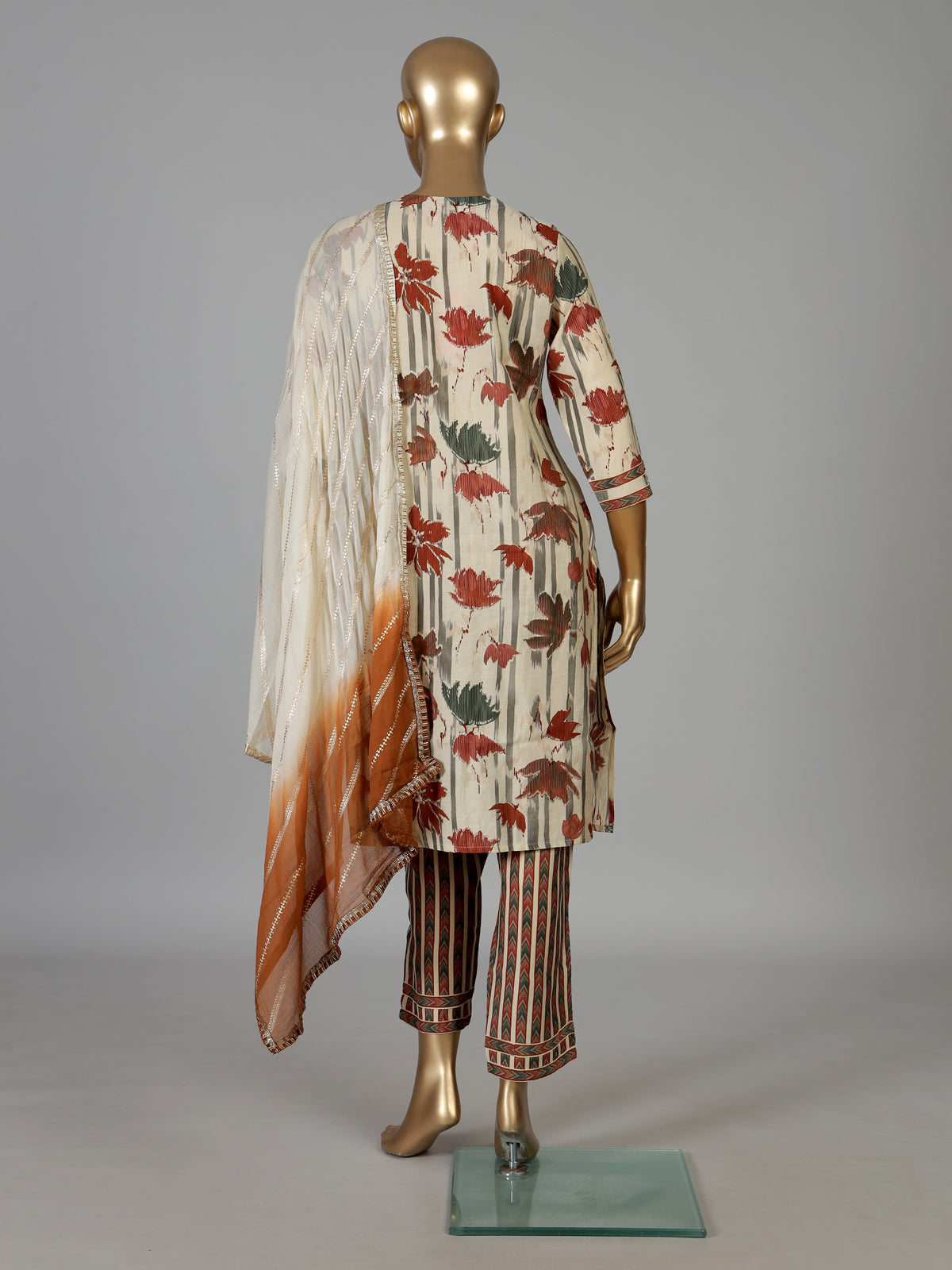 Beige cotton silk printed festive kurti set with ombre dupatta