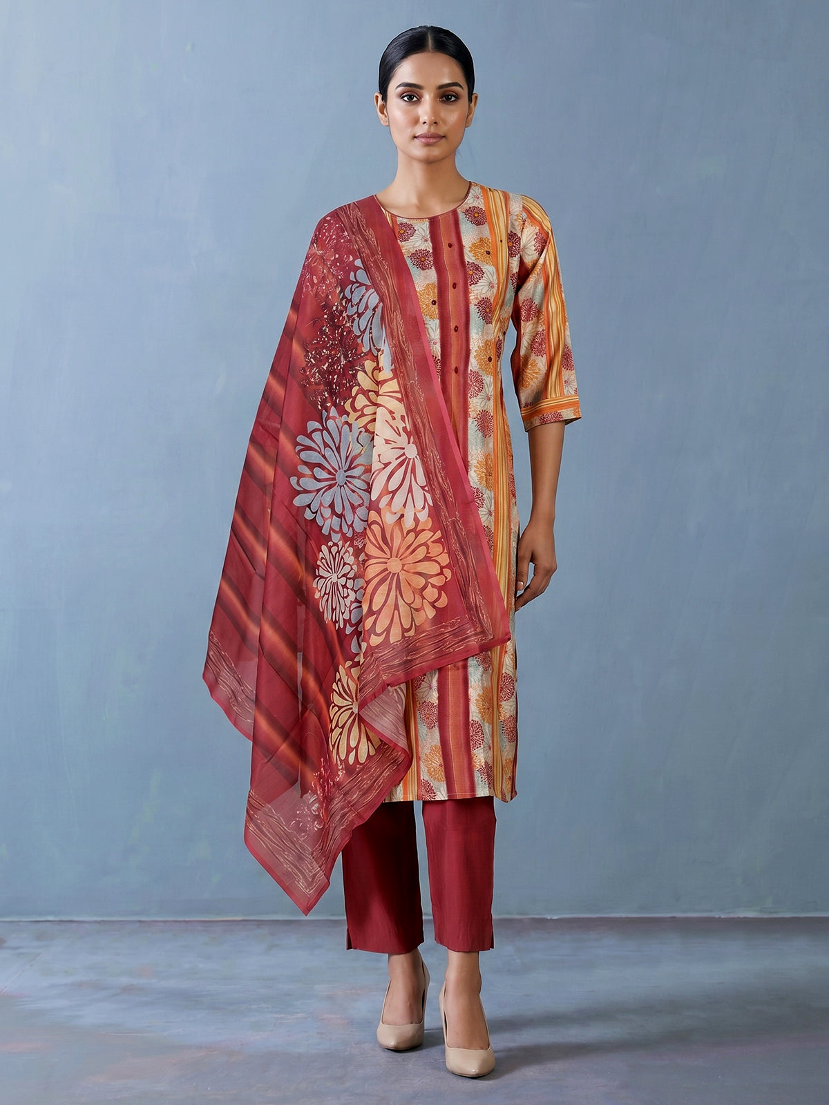 Peach muslin silk blend striped kurti set