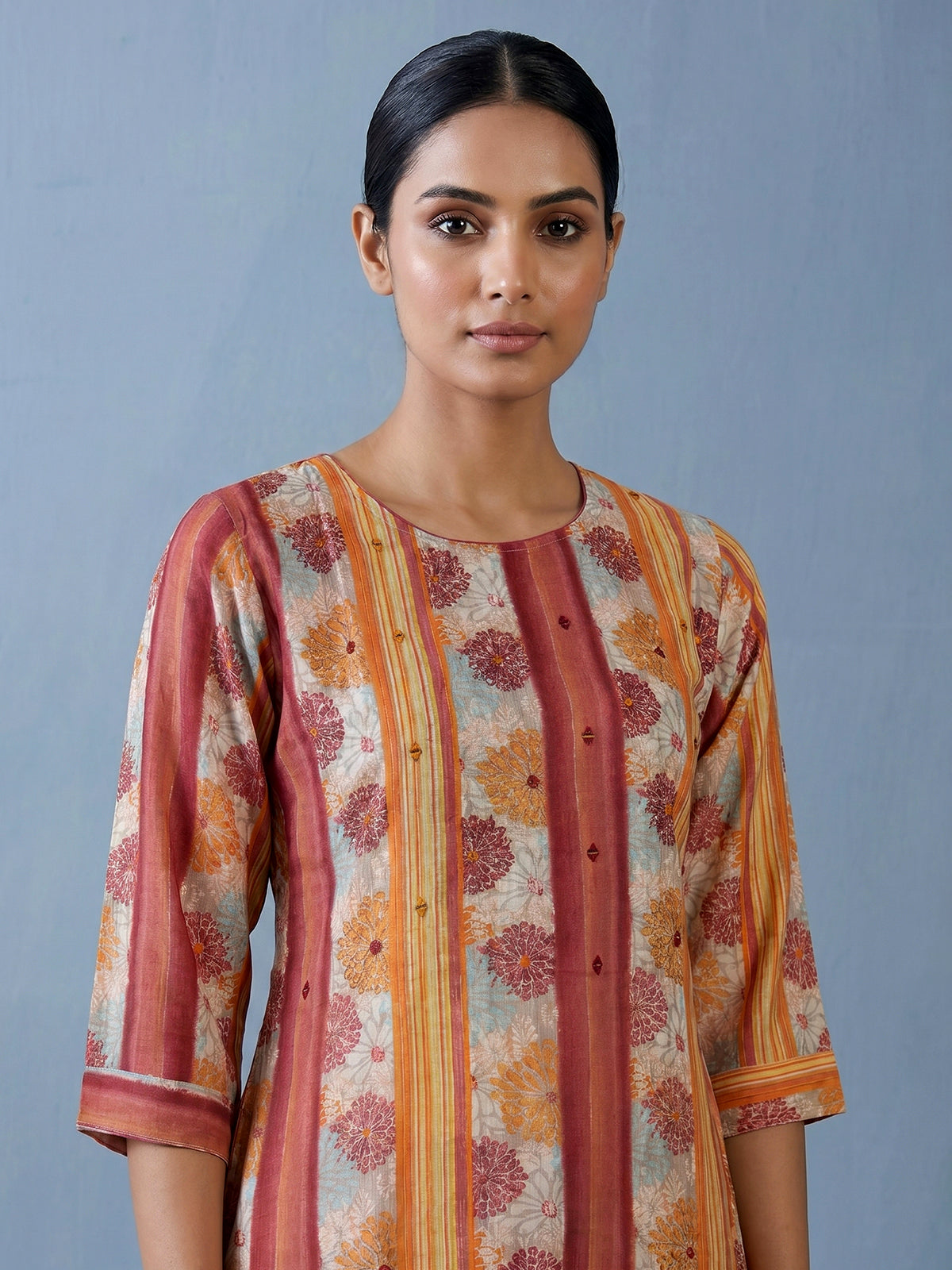 Peach muslin silk blend striped kurti set