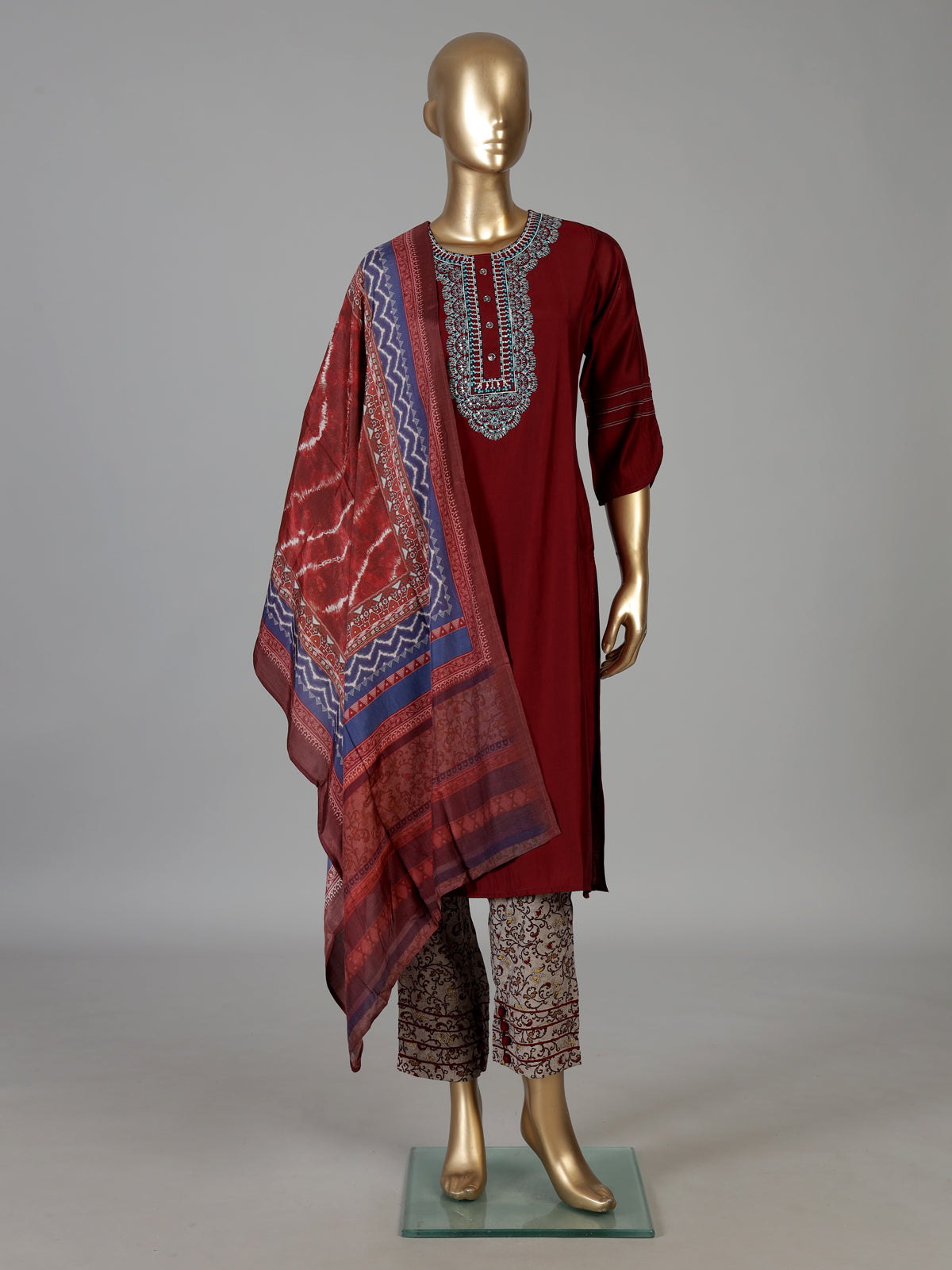 Maroon cotton embroidered festive kurti set