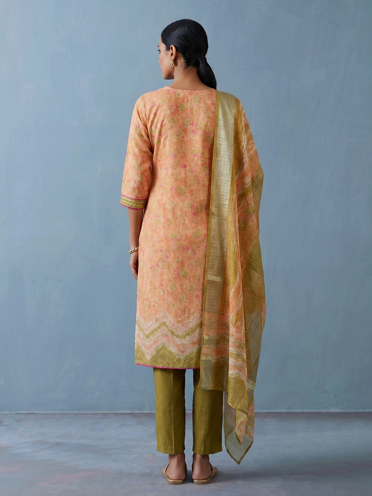 Peach silk floral printed festive kurti set