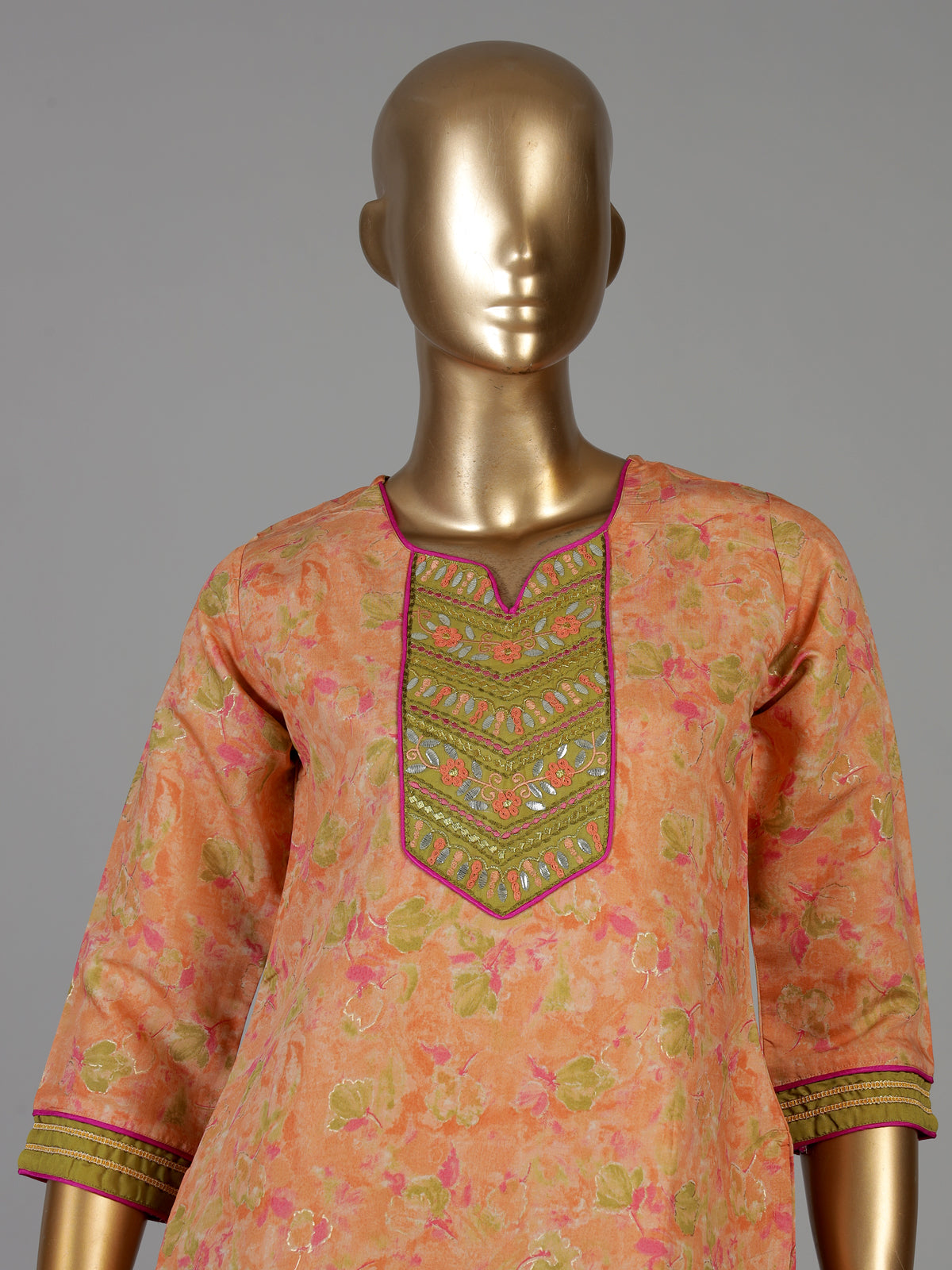 Peach silk floral printed festive kurti set