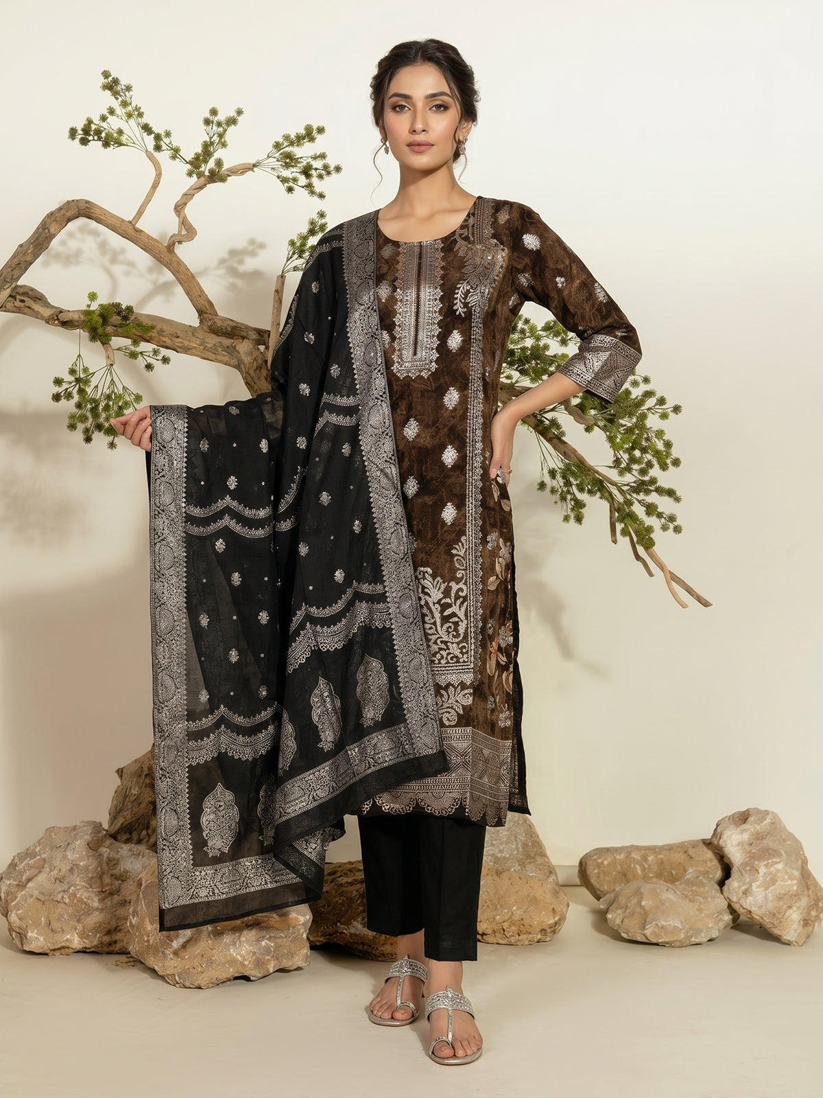 Brown silk festive kurti set with silver zari detailing