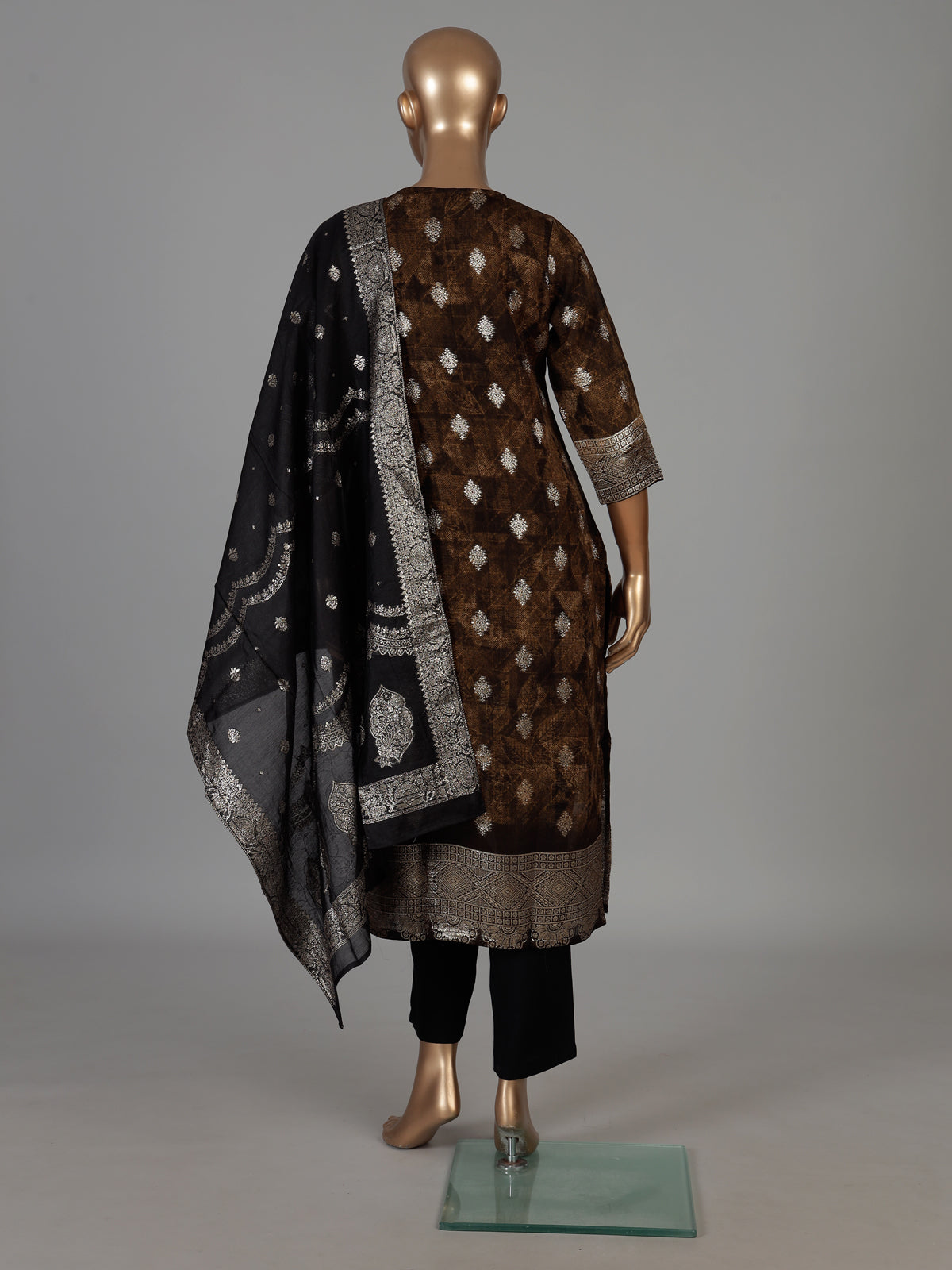 Brown silk festive kurti set with silver zari detailing