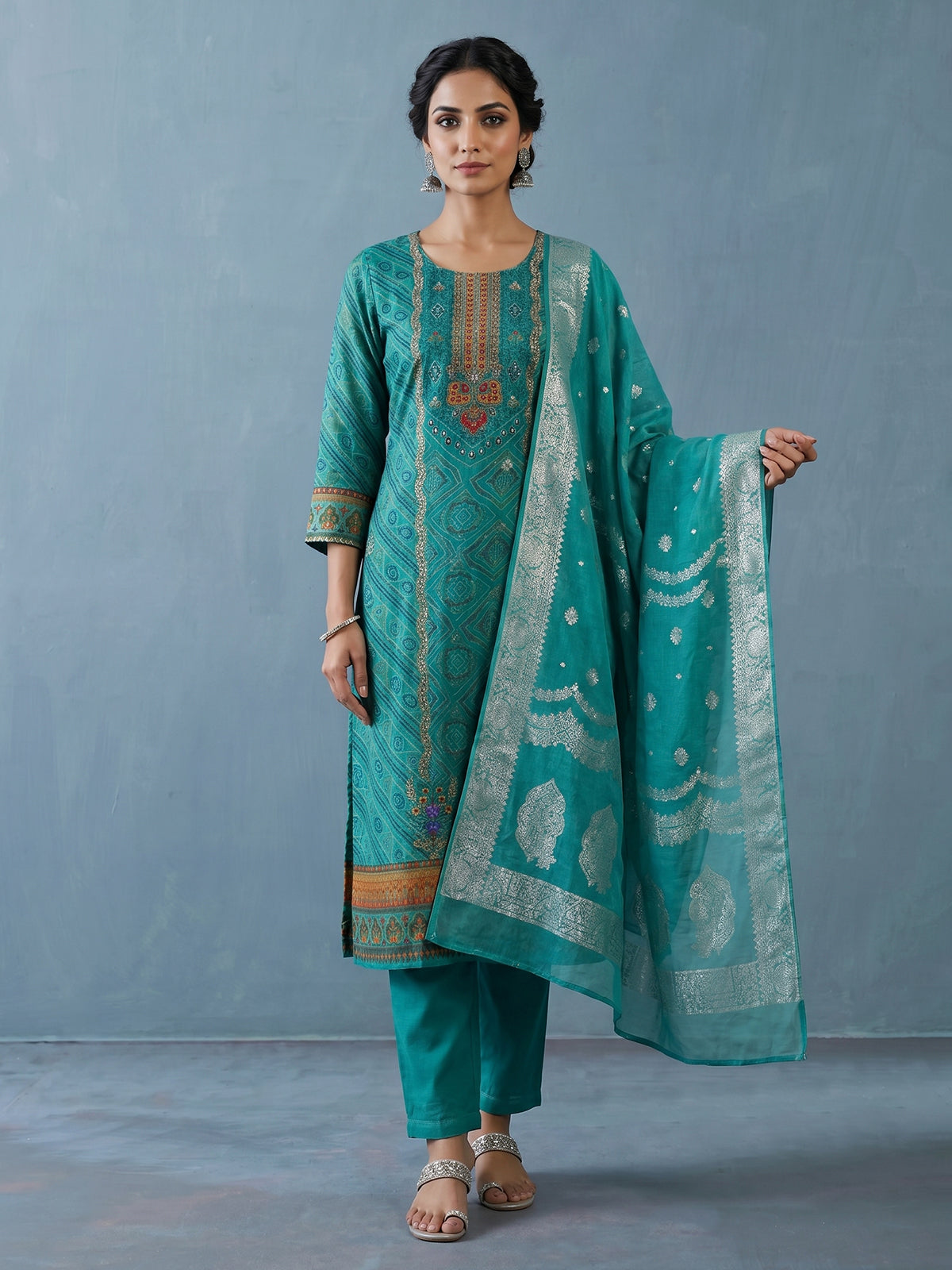 Rama green silk bandhani print festive kurti set