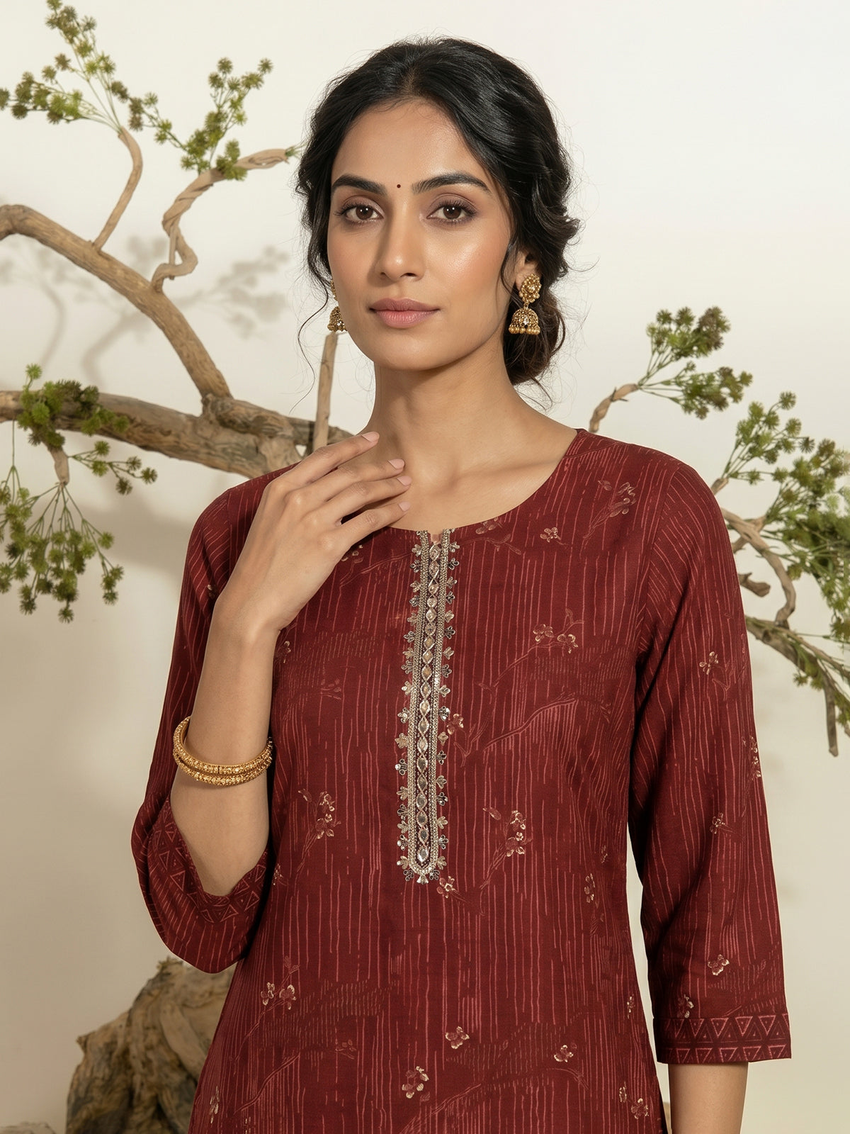 Maroon cotton festive kurti set with ombre dupatta