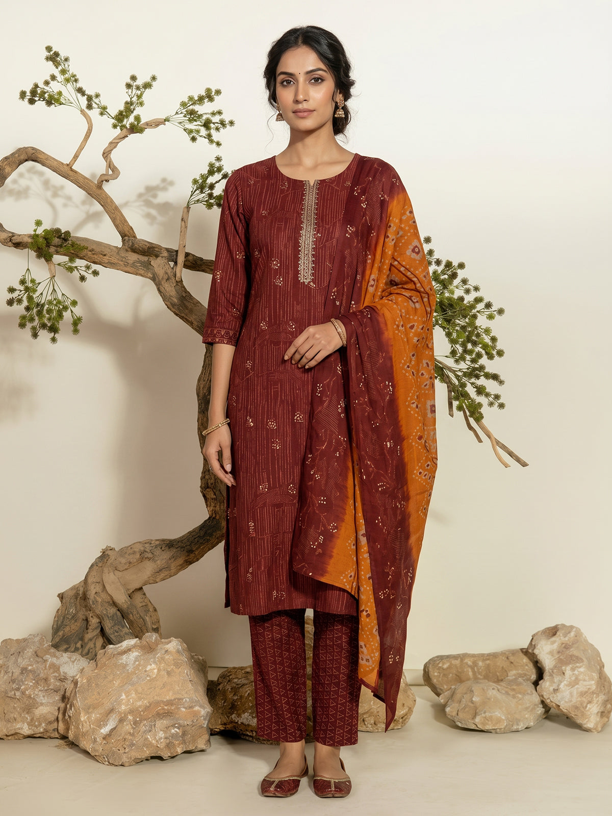 Maroon cotton festive kurti set with ombre dupatta