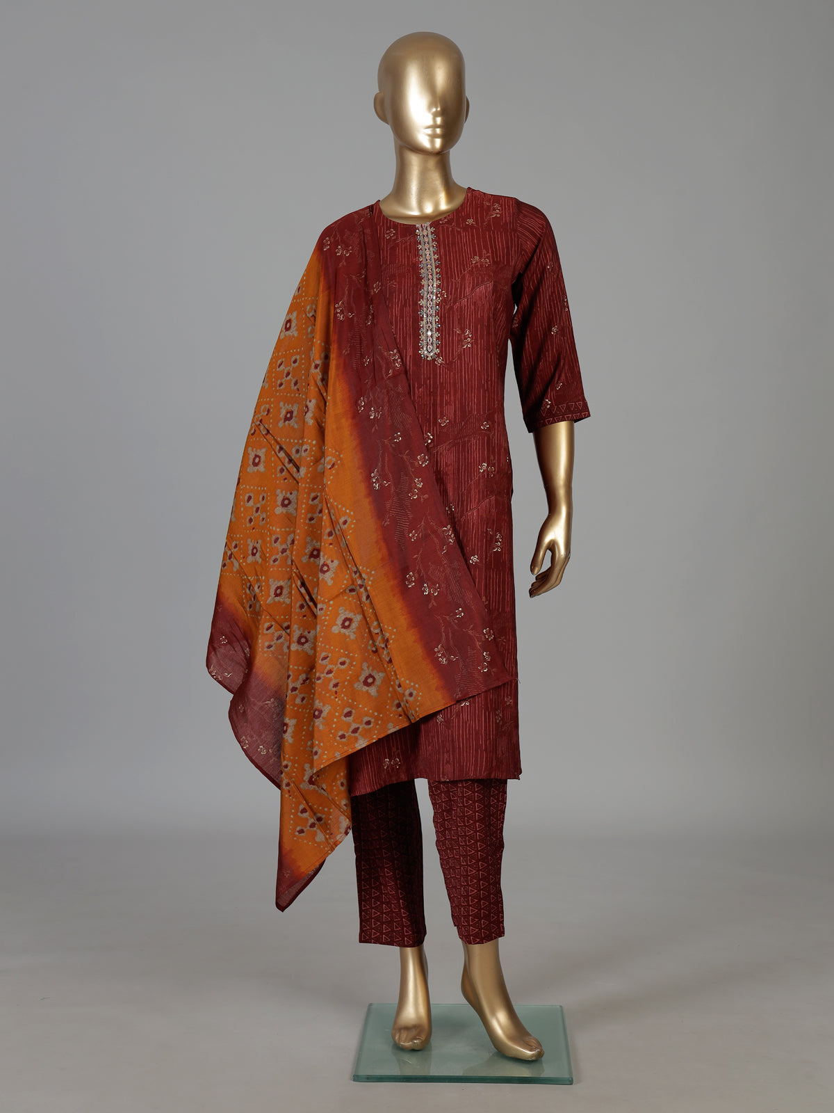 Maroon cotton festive kurti set with ombre dupatta