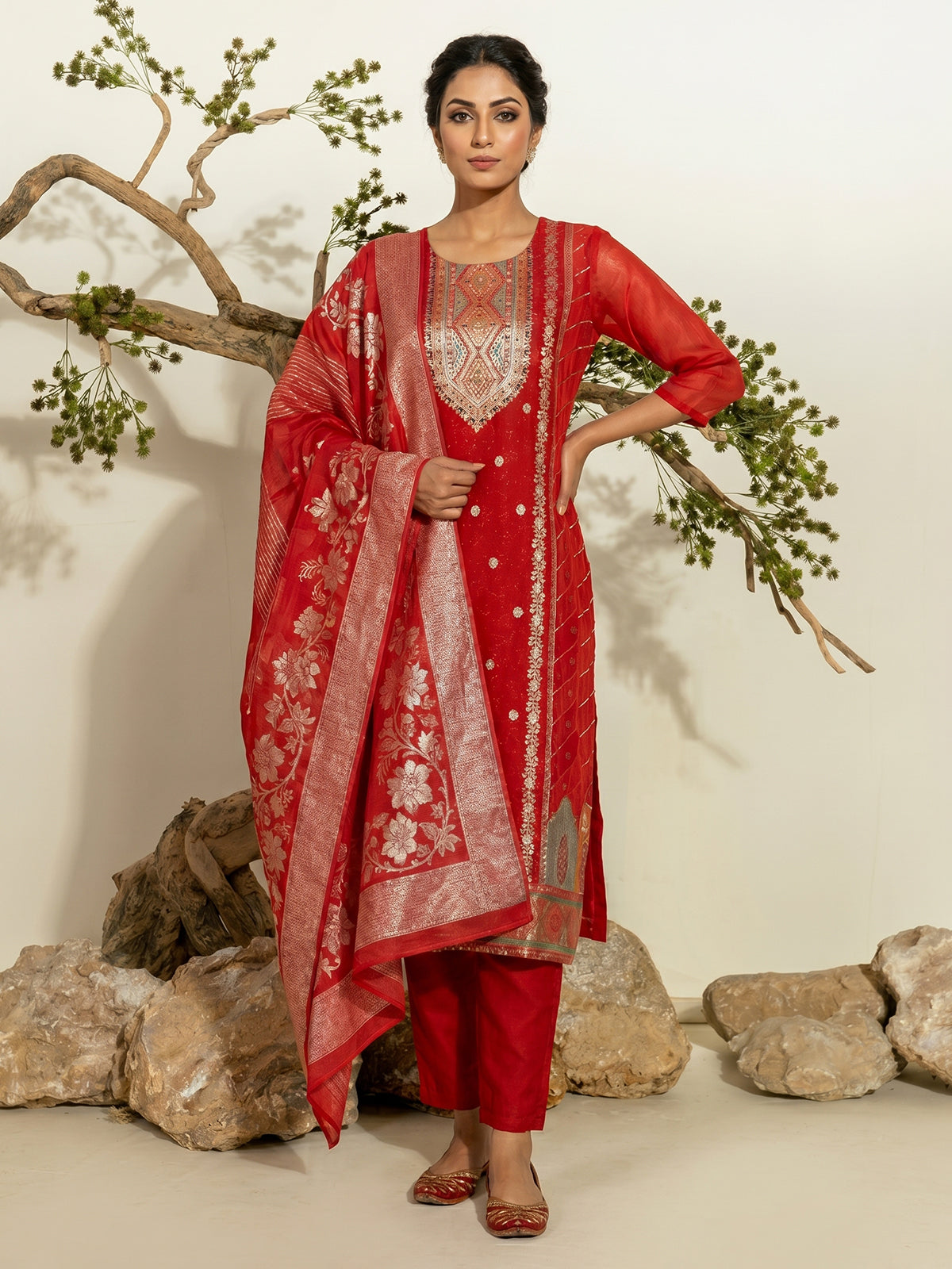 Crimson red silk blend festive kurti set with heavy embellishments