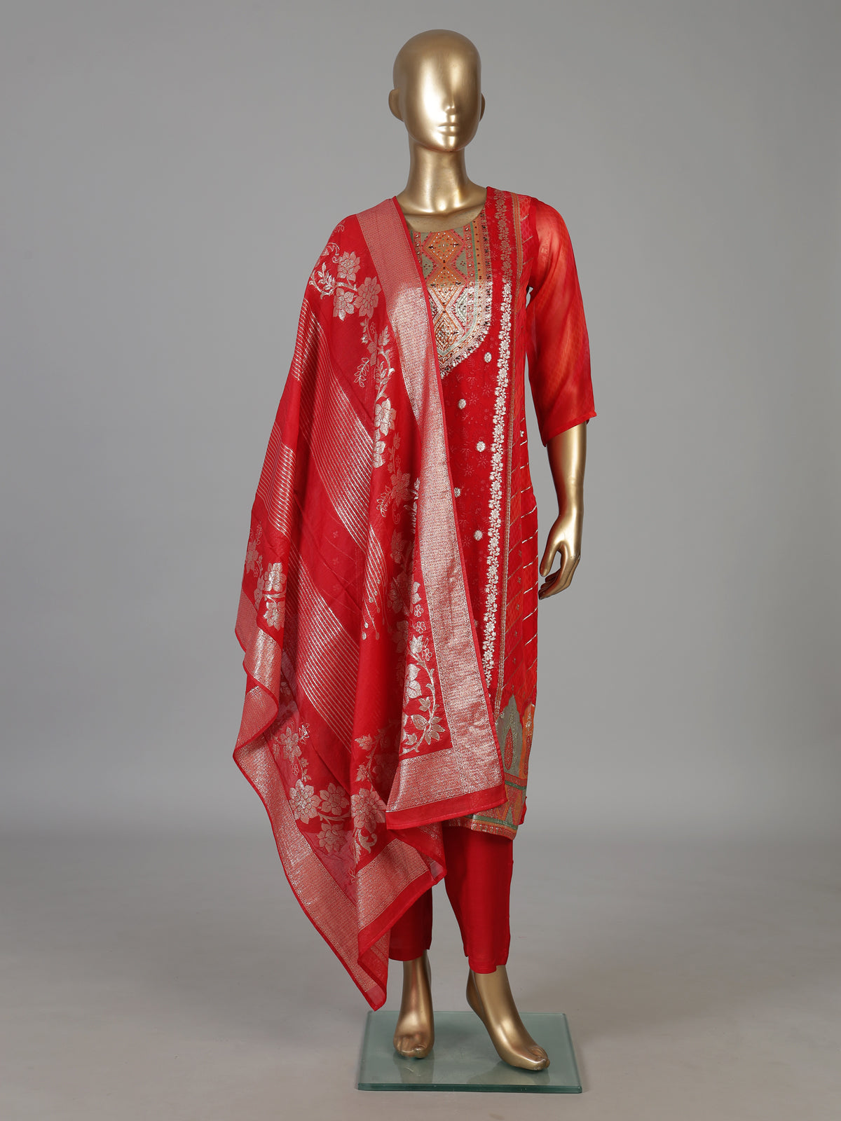 Crimson red silk blend festive kurti set with heavy embellishments