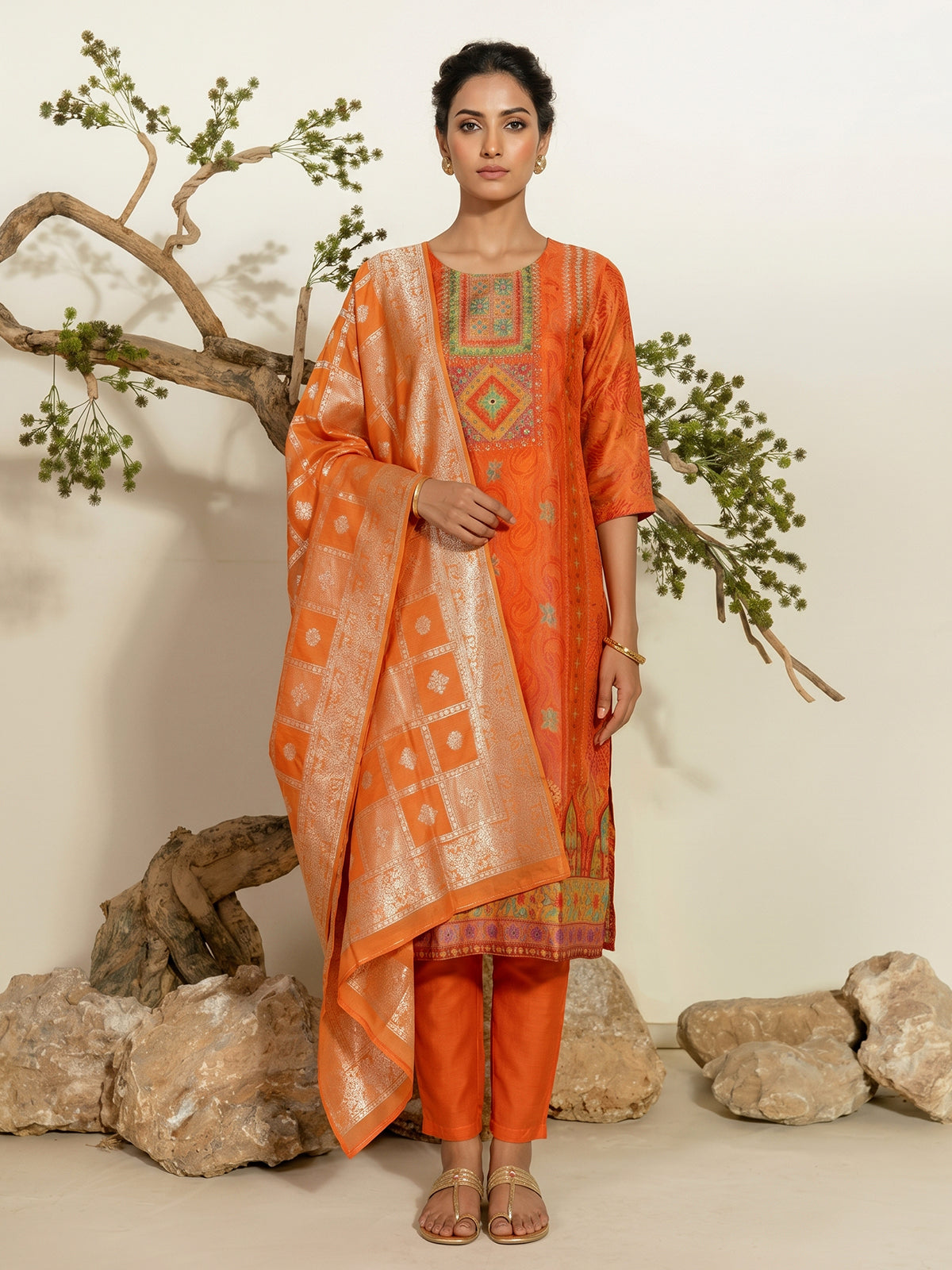 Orange silk festive kurti set with zari embellished neckline