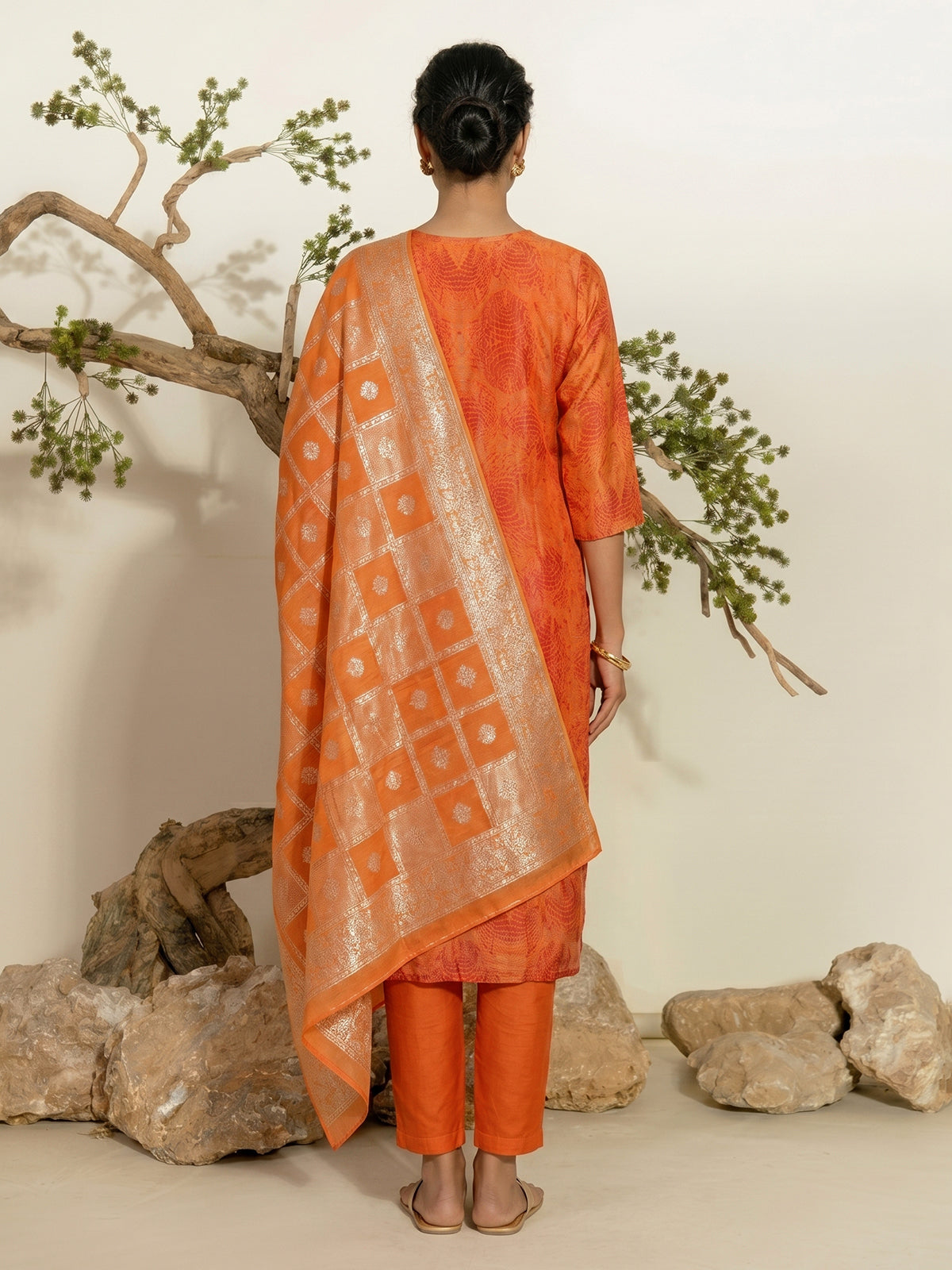 Orange silk festive kurti set with zari embellished neckline