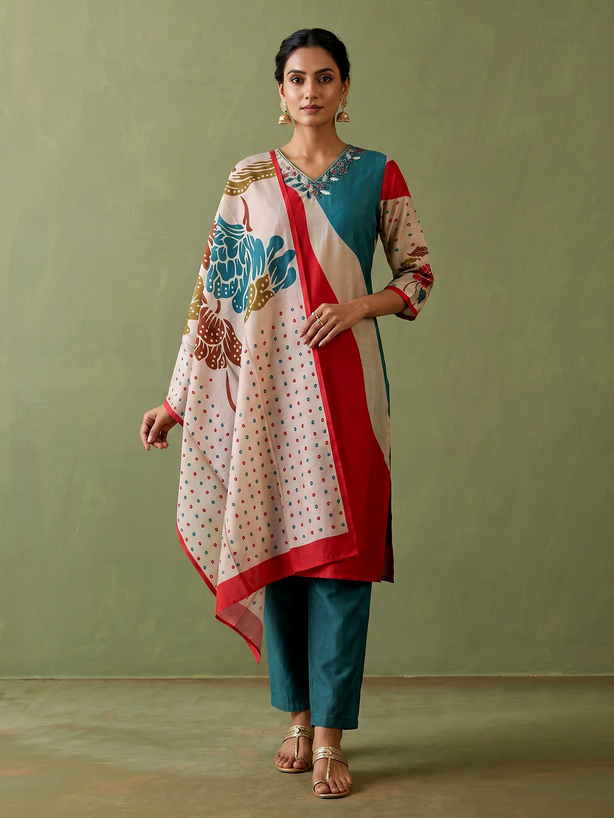 Multicolor silk blend festive kurti set with wave print