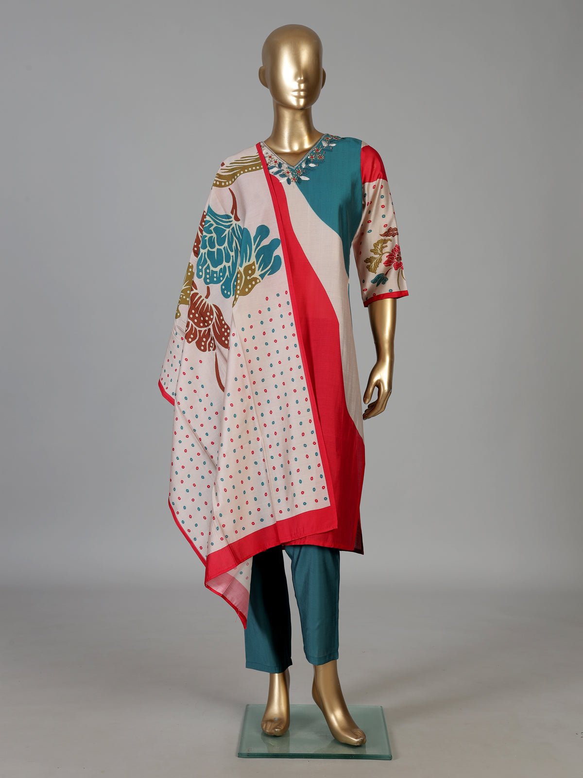 Multicolor silk blend festive kurti set with wave print