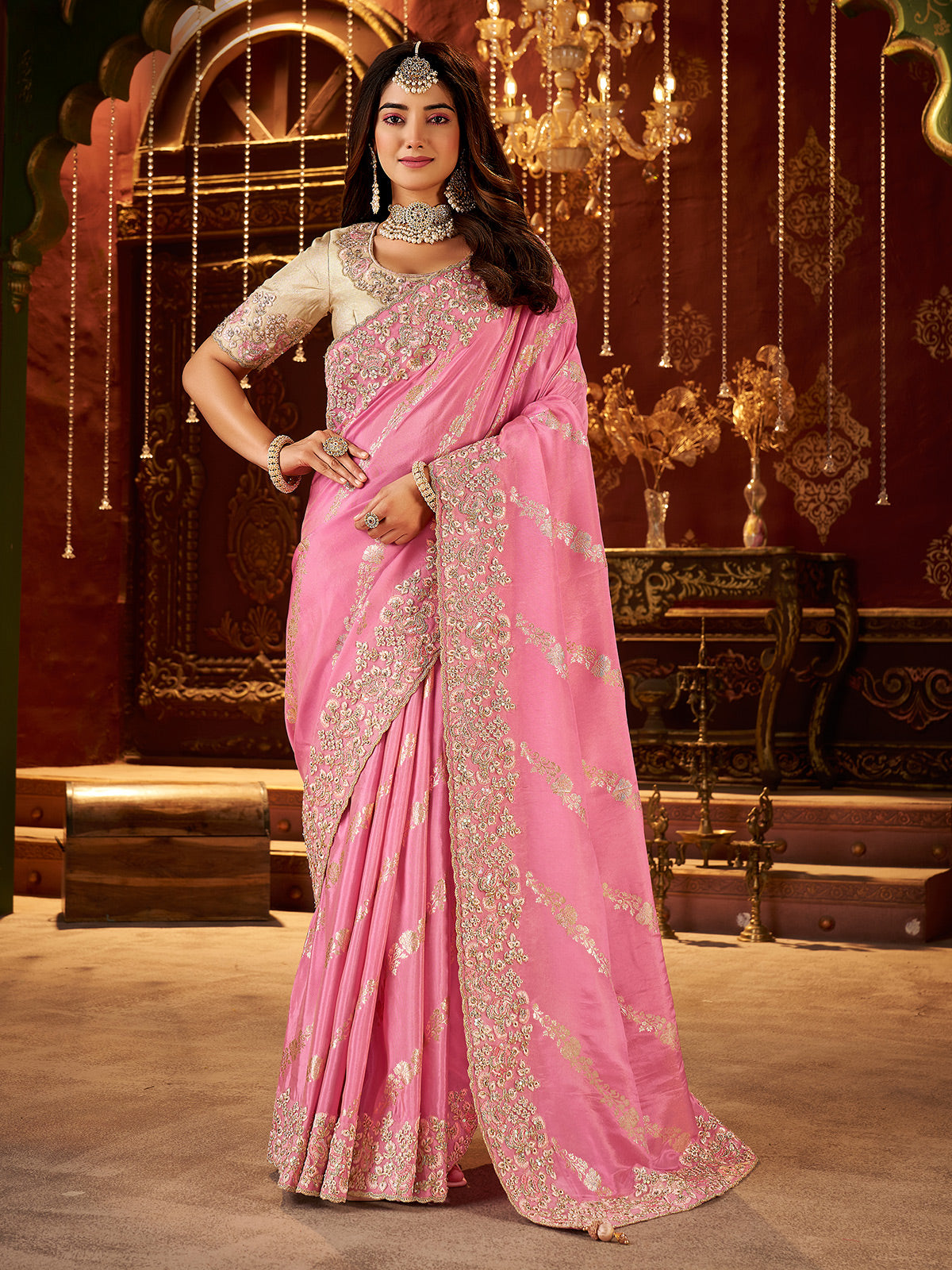 Light pink soft silk work saree with embroidery