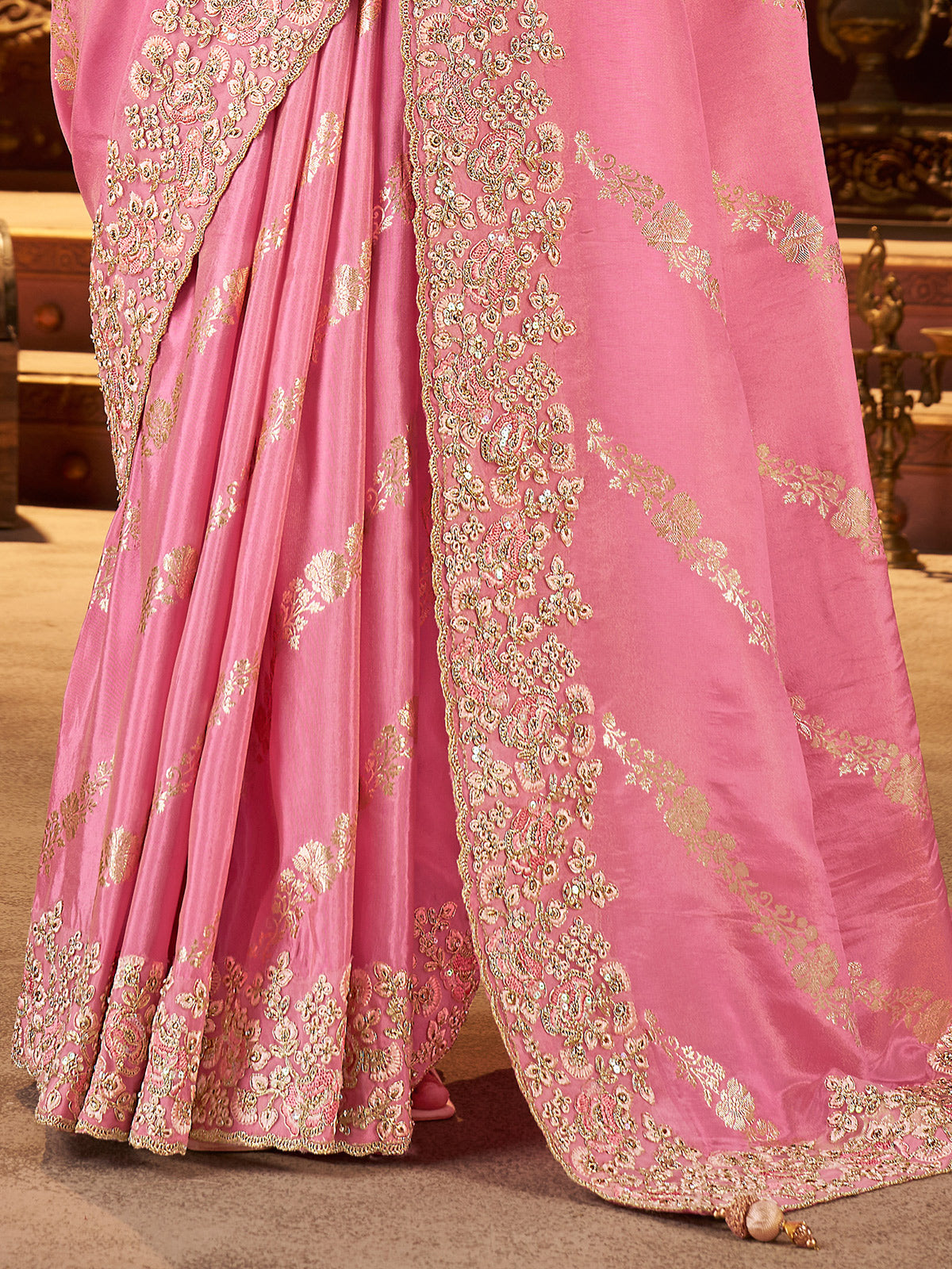 Light pink soft silk work saree with embroidery