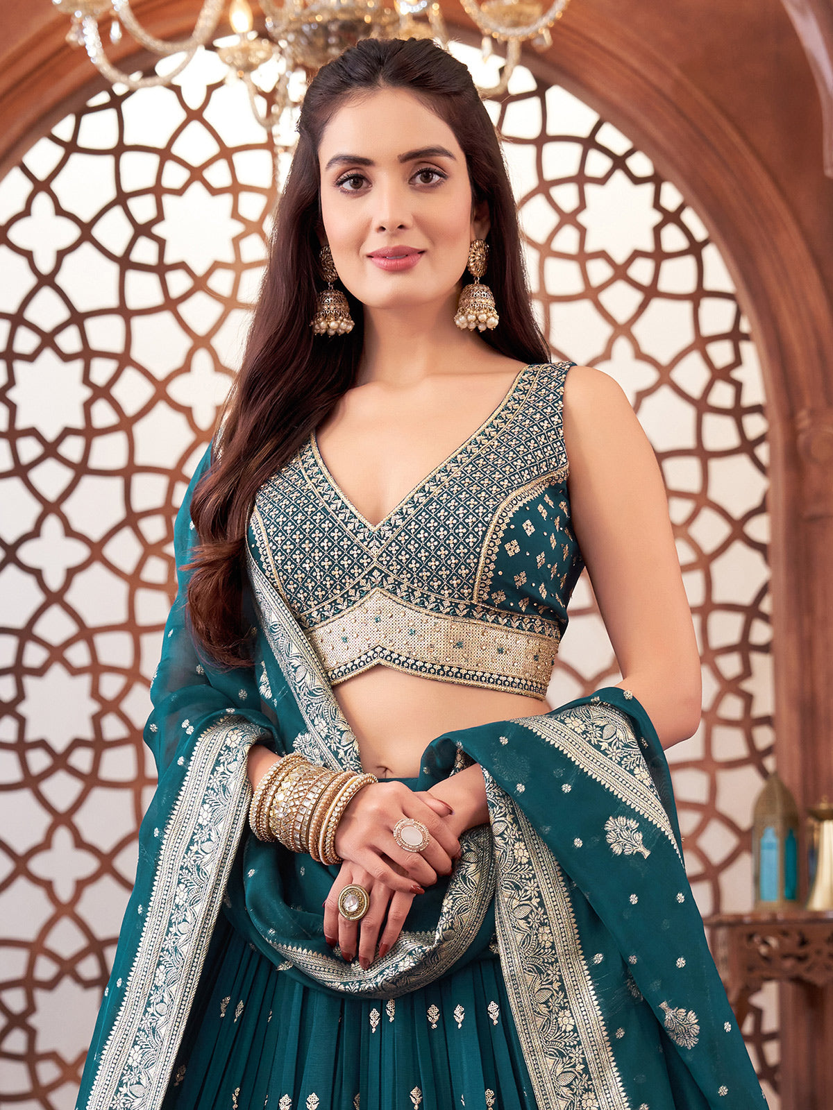 Rama blue georgette cutdana lehenga choli with V neckline