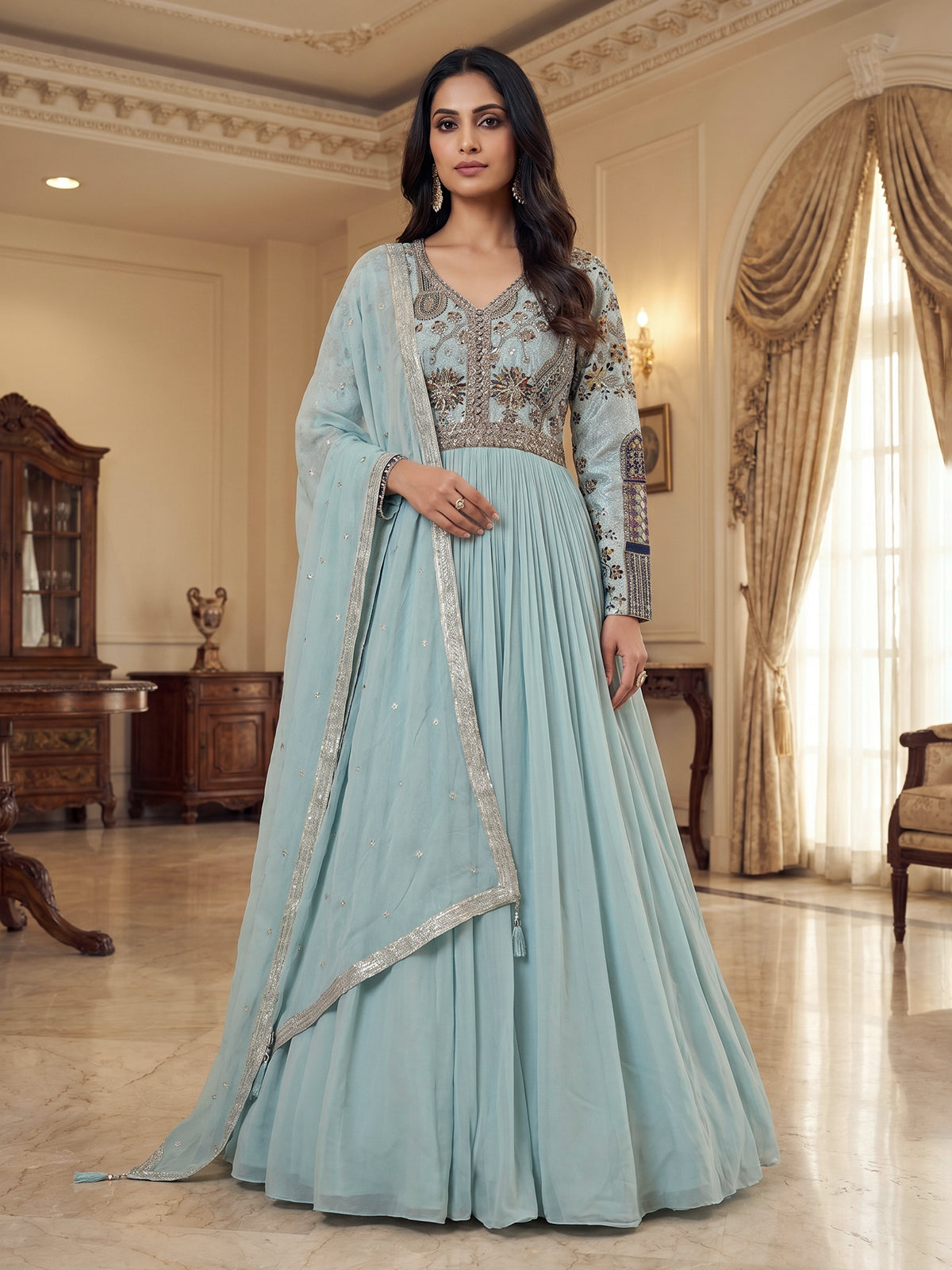 Sky blue silk floor length salwar suit