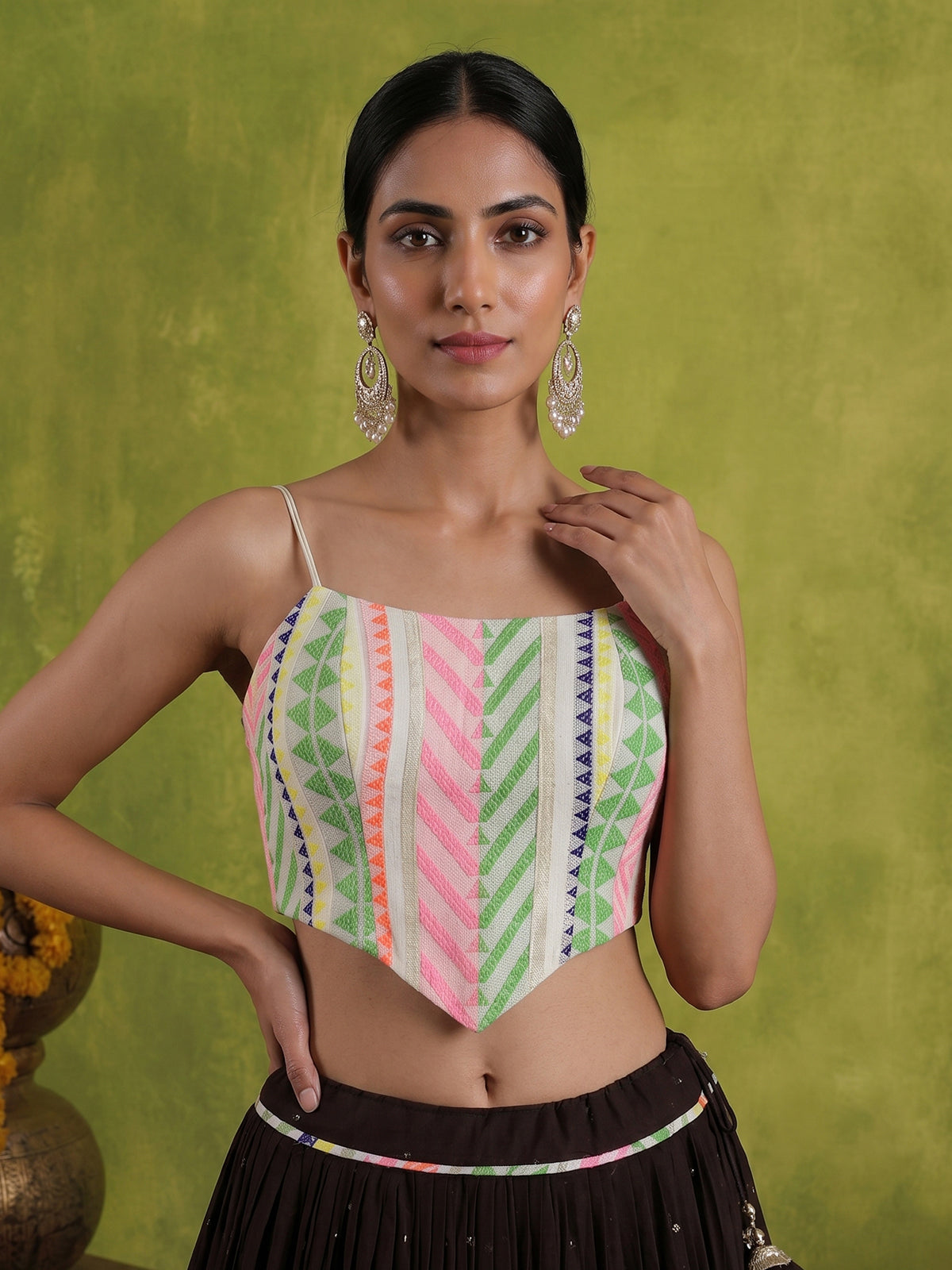 Brown navratri wear tissue silk lehenga choli with gota patti