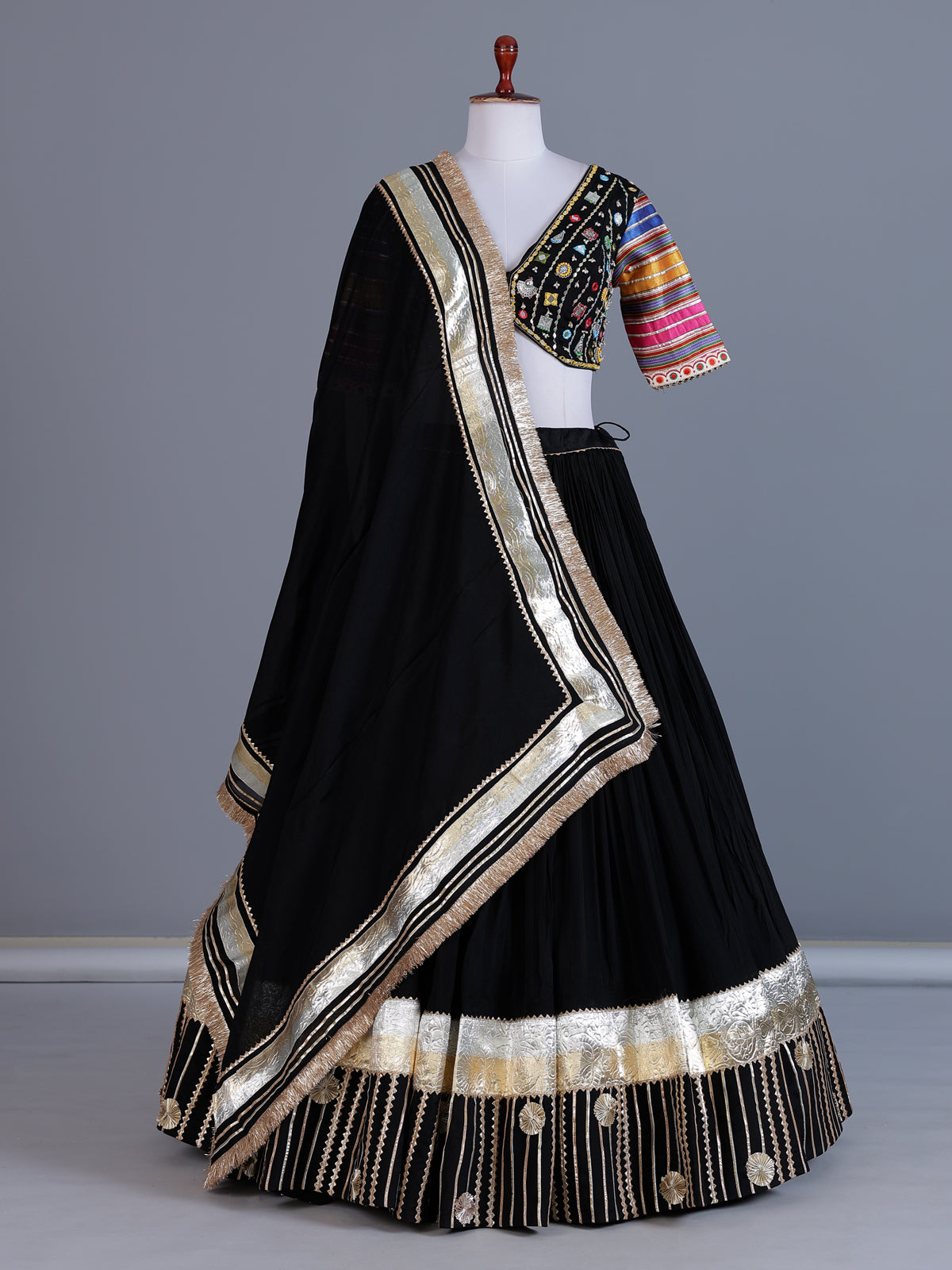 Black tissue silk navratri lehenga choli with gota patti