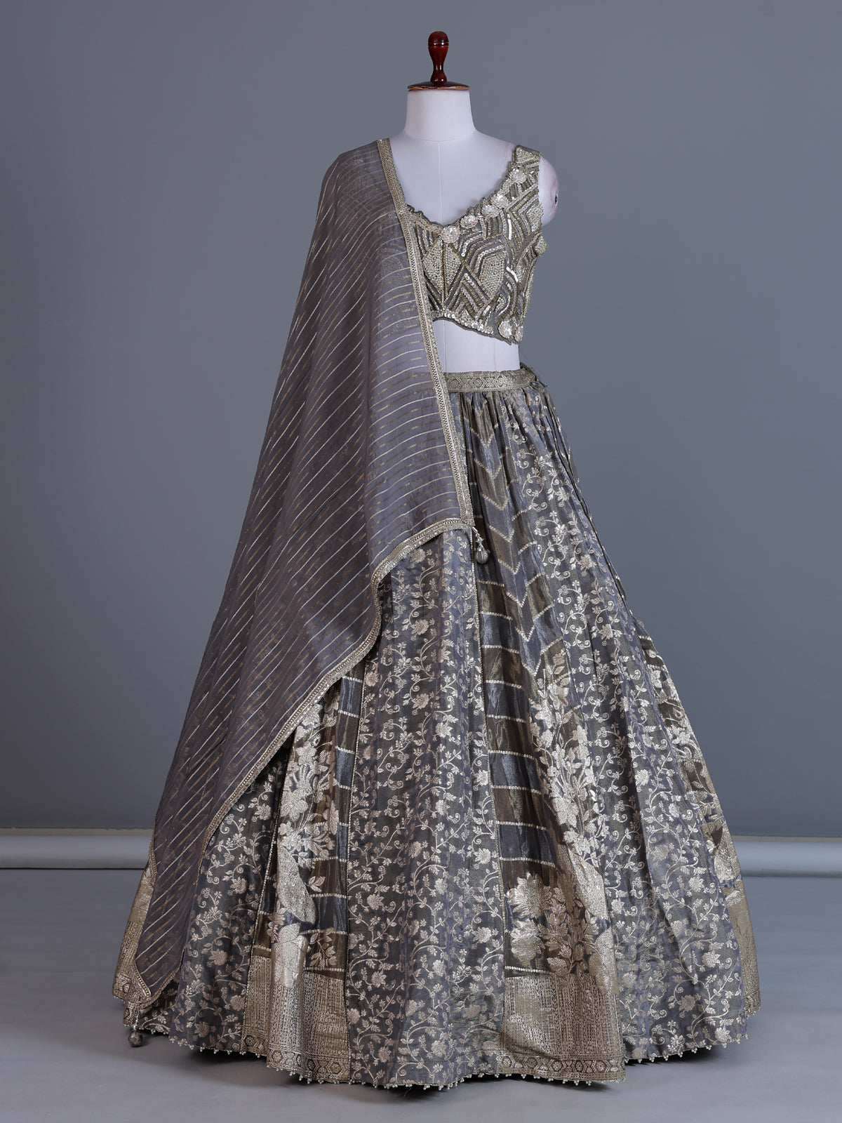 Charcoal grey jacquard lehenga choli with zardosi work
