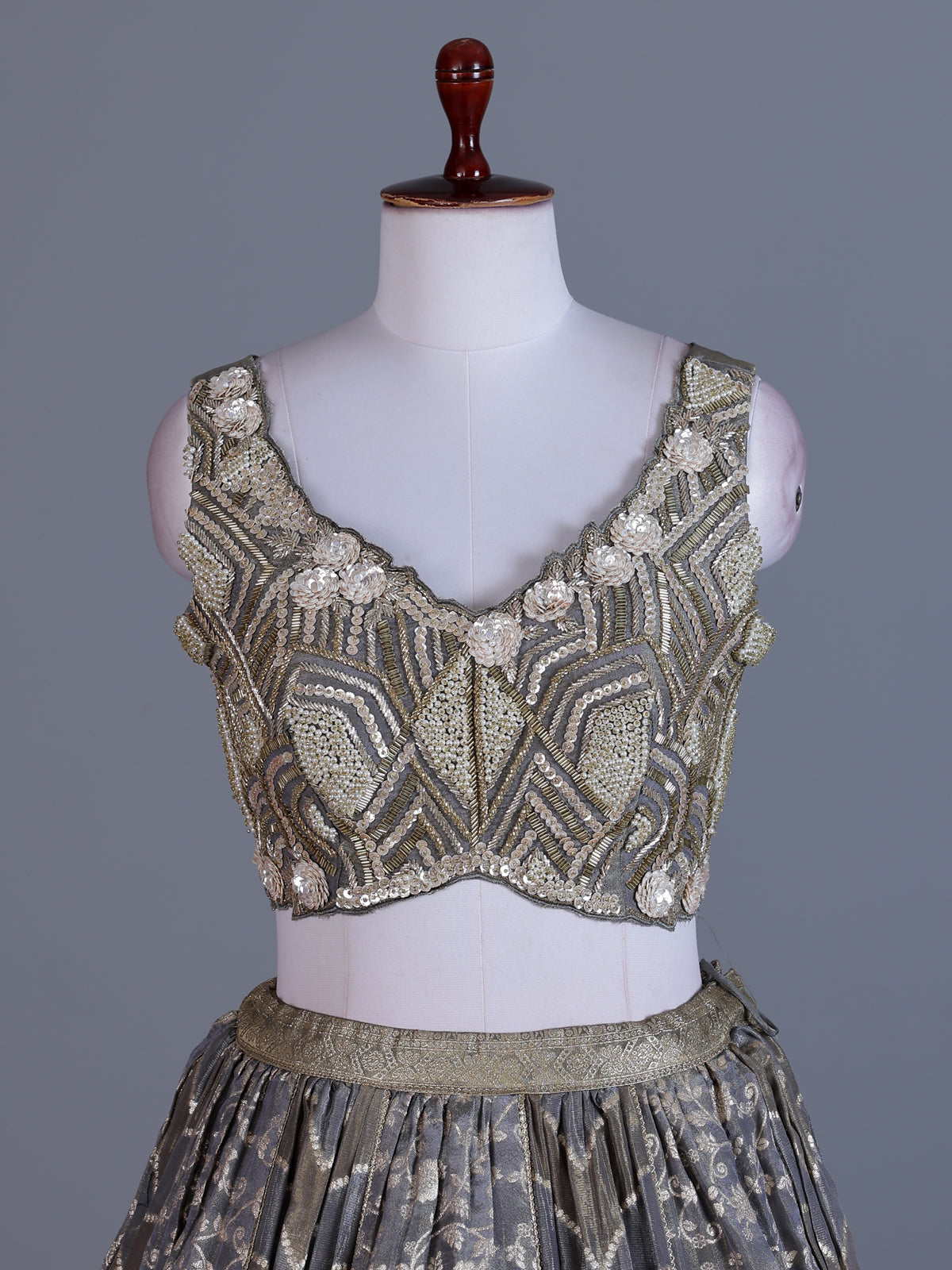 Charcoal grey jacquard lehenga choli with zardosi work