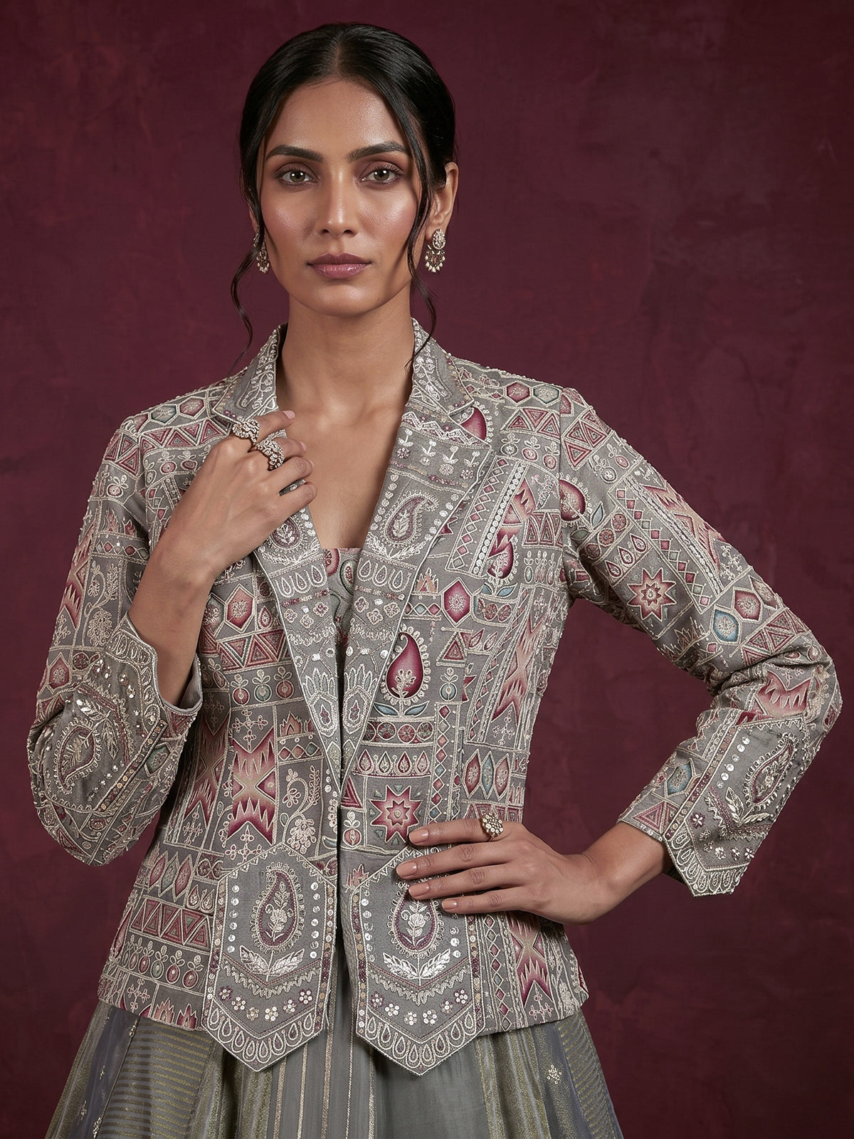 Grey Indo-western jacquard lehenga choli with jacket