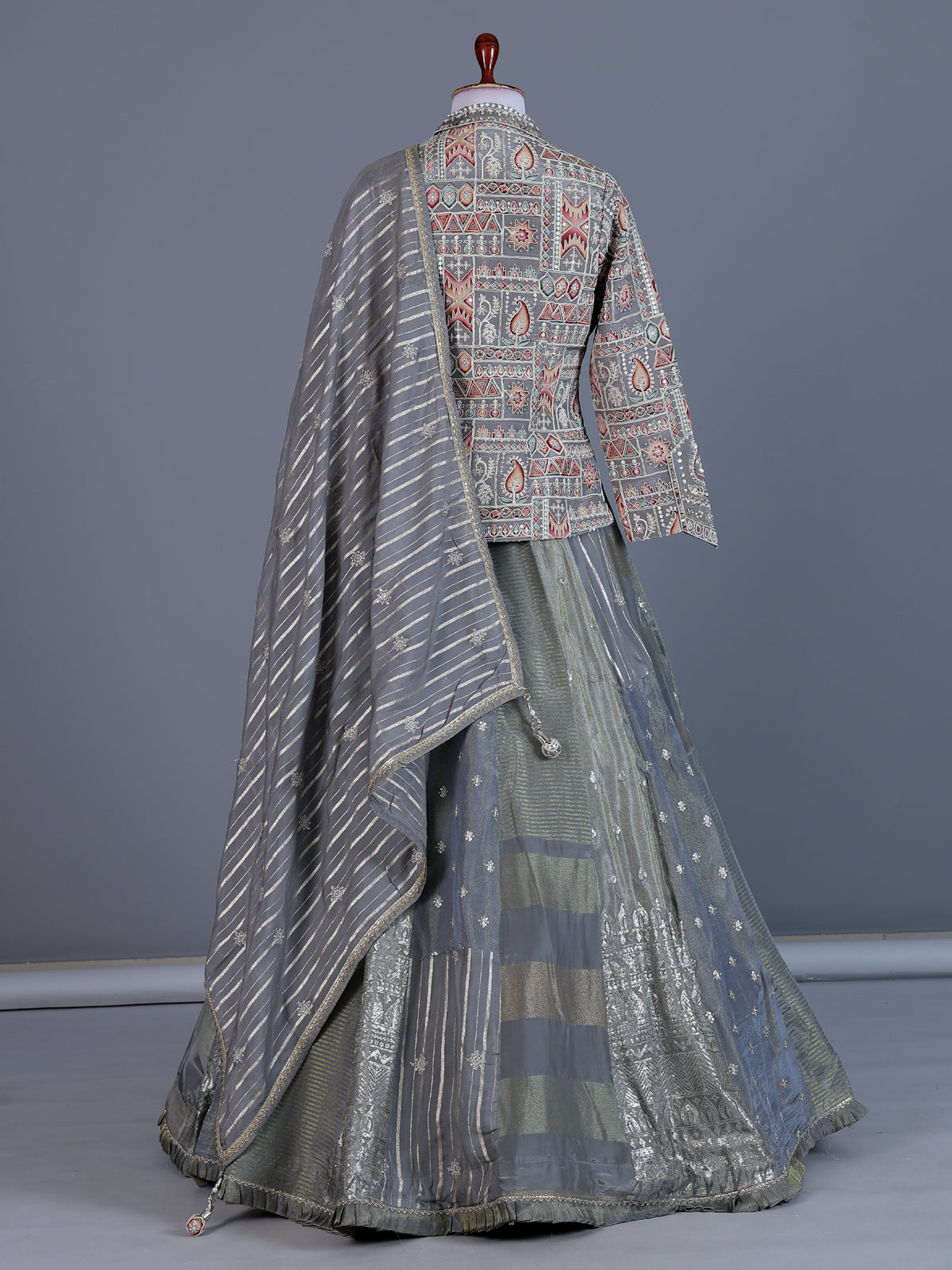 Grey Indo-western jacquard lehenga choli with jacket